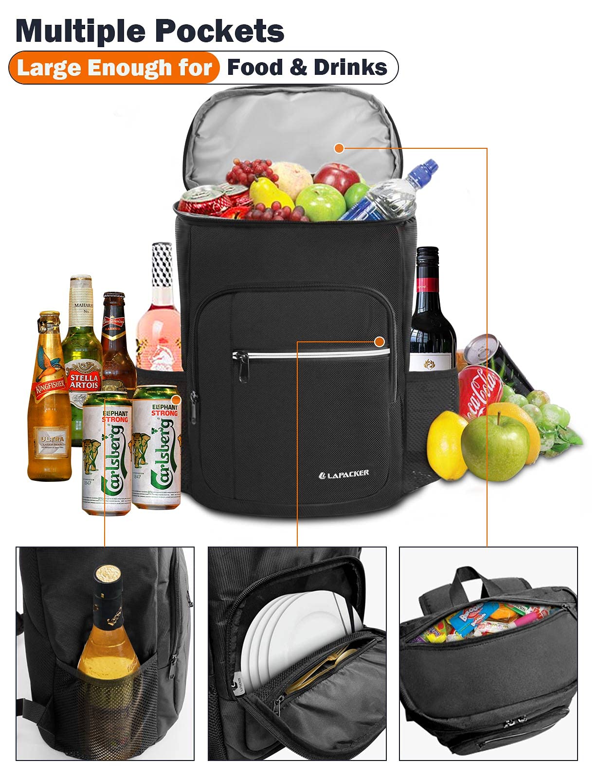 Lapacker Leakproof Cooler Backpack for Men and Women, 15.6 Quart Capacity, Black, Nylon