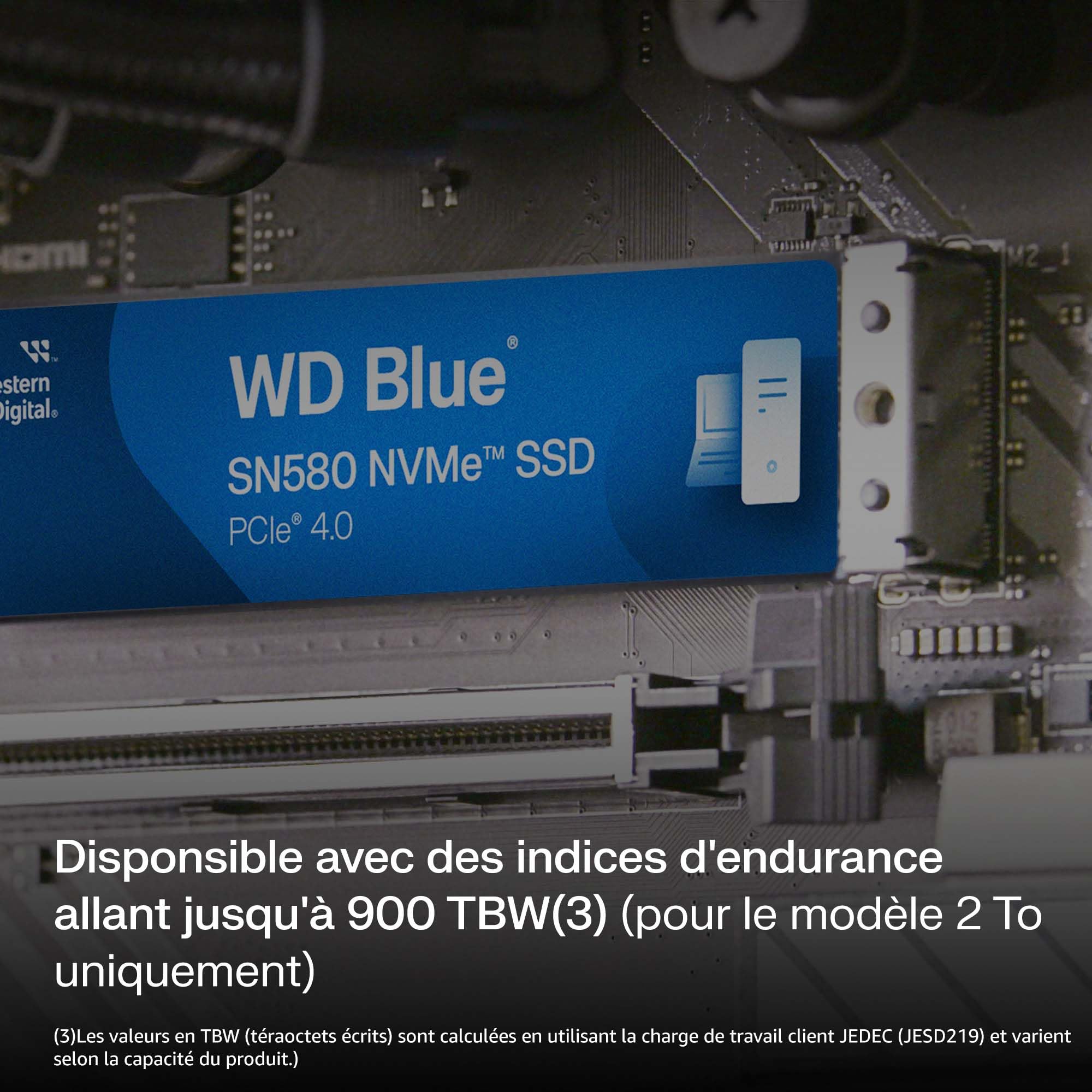 WD Blue SN580 M.2 NVMe SSD 500 Go, PCIe Gén. 4 x4, avec vitesse de lecture jusqu'à 4 000 Mo/s.