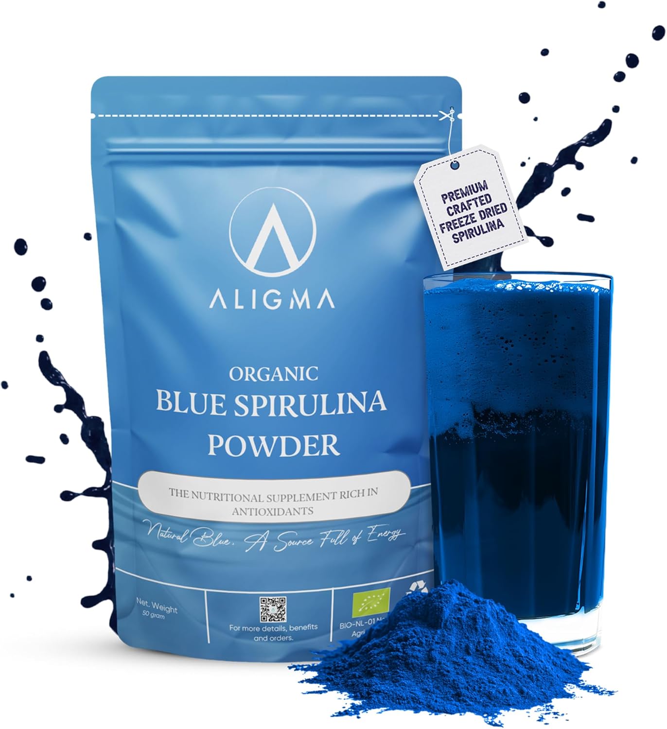 Aligma Organic Blue Spirulina Powder 75g | 100% Natural Phycocyanin for Smoothies – Vibrant Blue Food Colouring & Ingredient Rich in Protien | Resealable Package