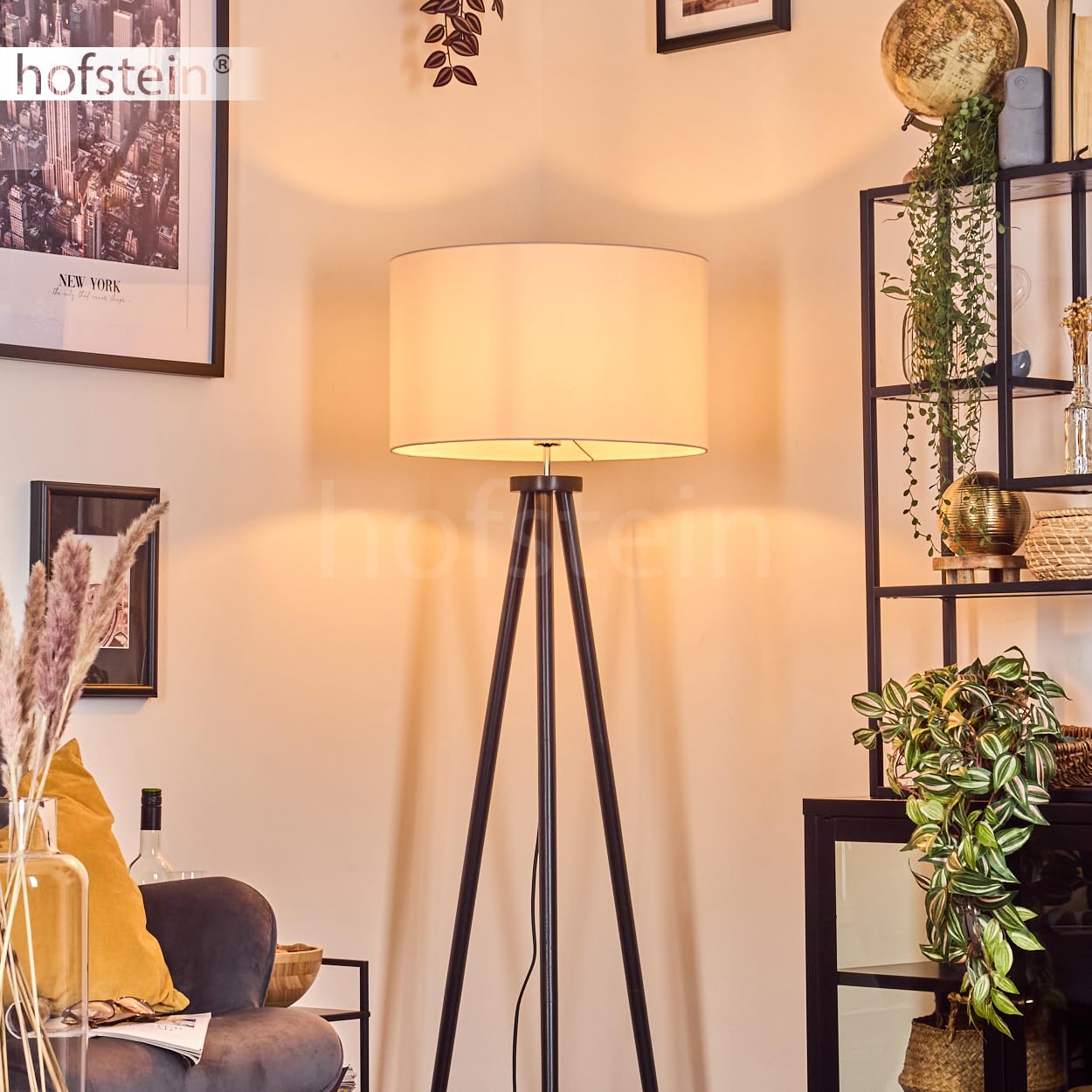 Felmming lampa stojąca, lampa podłogowa z drewna/tkaniny w kolorze czarnym/białym, lampa w skandynawskim designie z okrągłym kloszem (Ø 50 cm) i włącznikiem nożnym, wysokość 155 cm, 1x E27 bez żarówki
