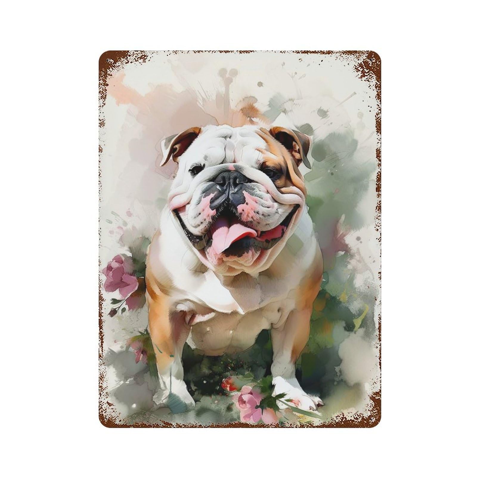 English Bulldog Flowers Retro Metal Sign 15.7"x11.8", Shabby Chic Decor for Garage, Pub Or Kitchen