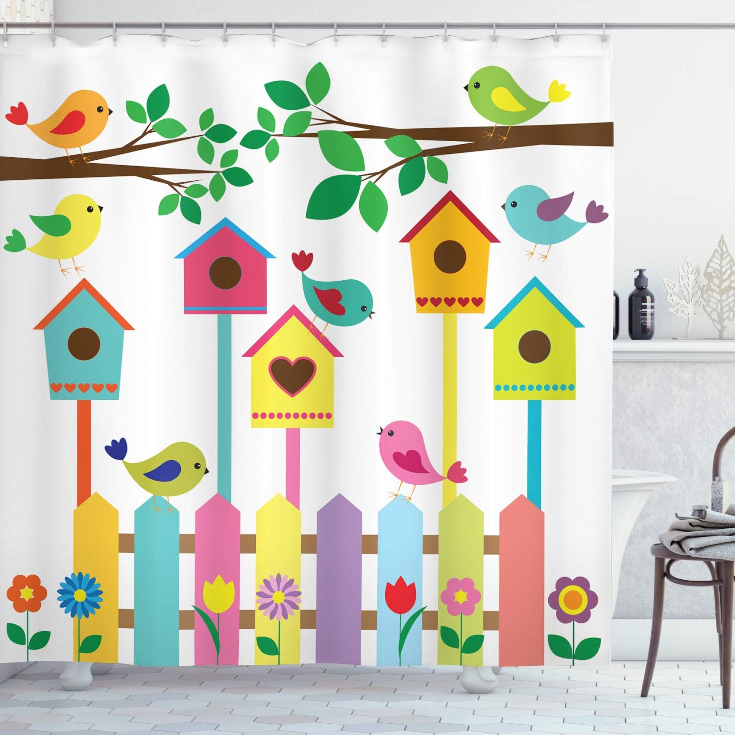 Lunarable Birds Shower Curtain, Colorful Avian Animals Birdhouses and Fence Design Childrens Cartoon Style Sketch, Cloth Fabric Bathroom Decor Set with Hooks, 69" W x 75" L, Magenta Pink
