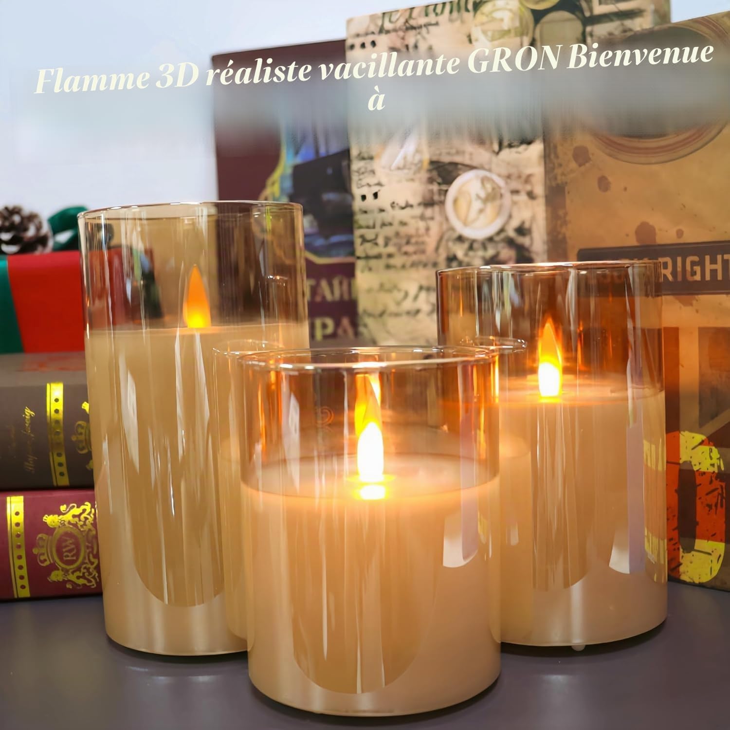 Bougies LED sans flamme télécommandées, rechargeables, bougies piliers en verre avec télécommande et fonction minuterie, flamme saute pour fêtes, mariages (autonomie 200 h) (Or)