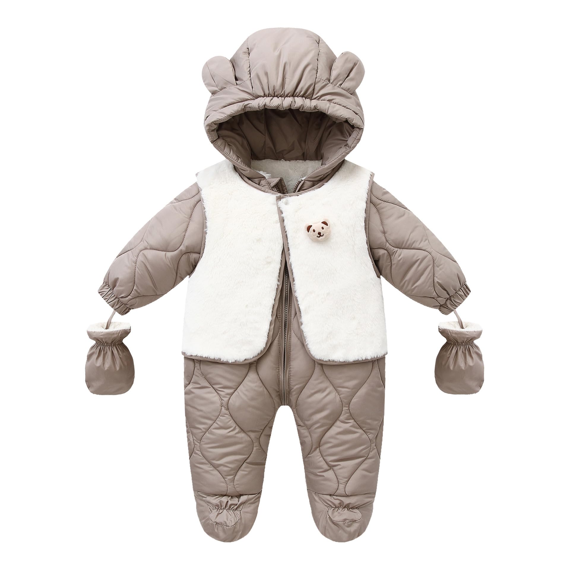 Schneeanzug für Kleinkinder Baby Strampler mit Abnehmbaren Westen 2-in-1 Wintermantel Warmer Kapuzenoverall für Säuglinge Jungen und Mädchen Khaki 6-9 Monate
