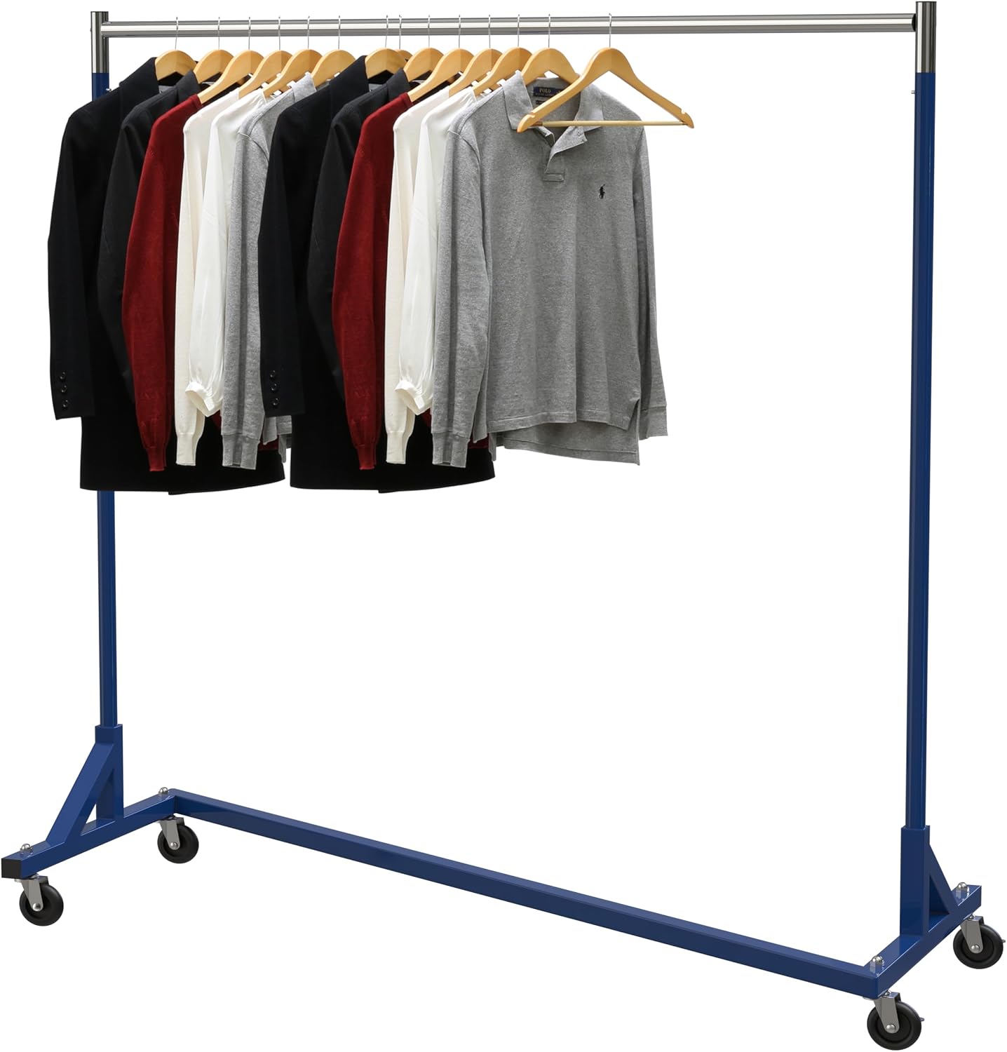 Heavy Duty Blue Metal Z-Base Garment Rack with Casters