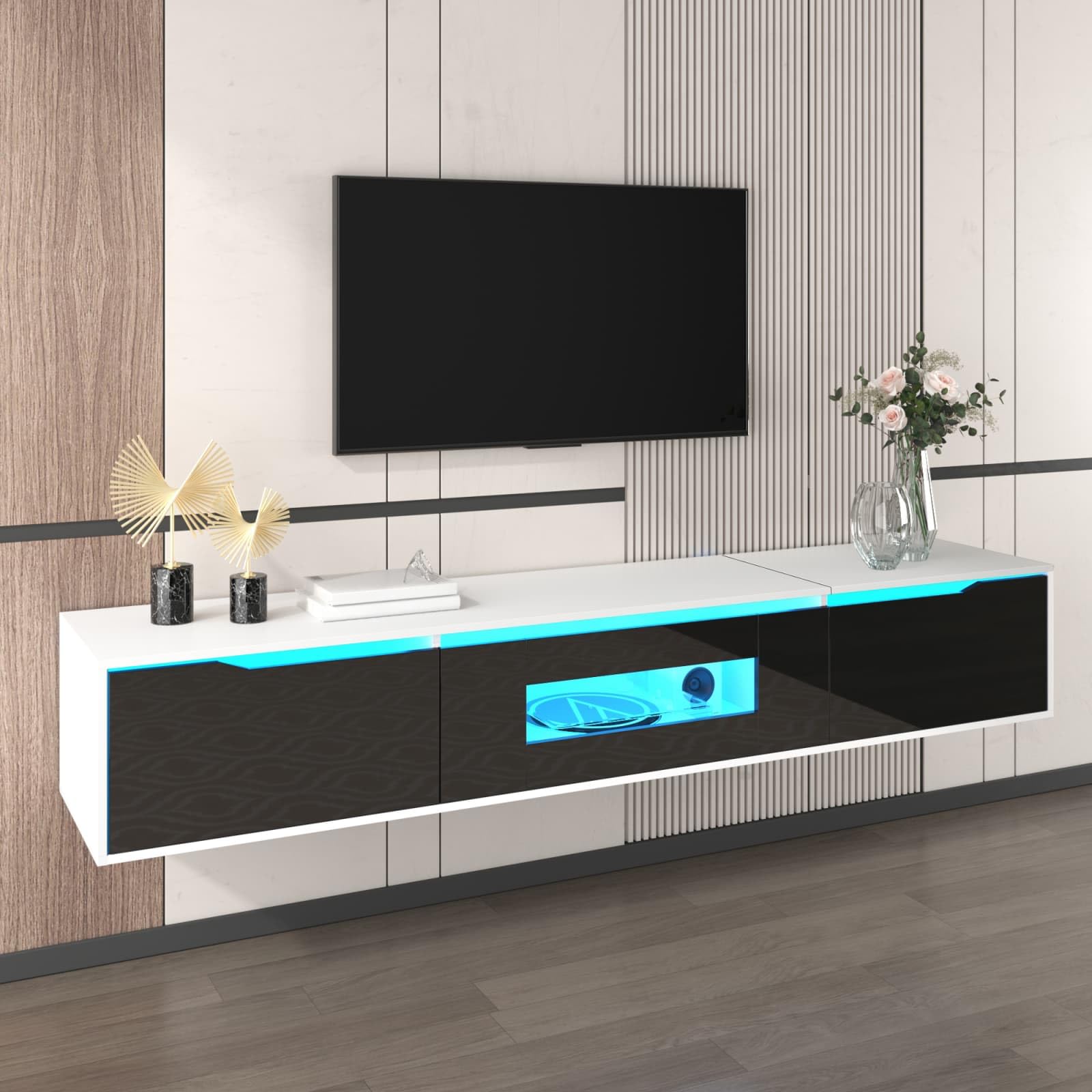 PUGSDRLY Meuble TV Bas avec 3 Compartiments de Rangement,Meuble TV Moderne avec lumière LED changeant de Couleur,180x35x30cm (Noir+Blanc,Trou carré)