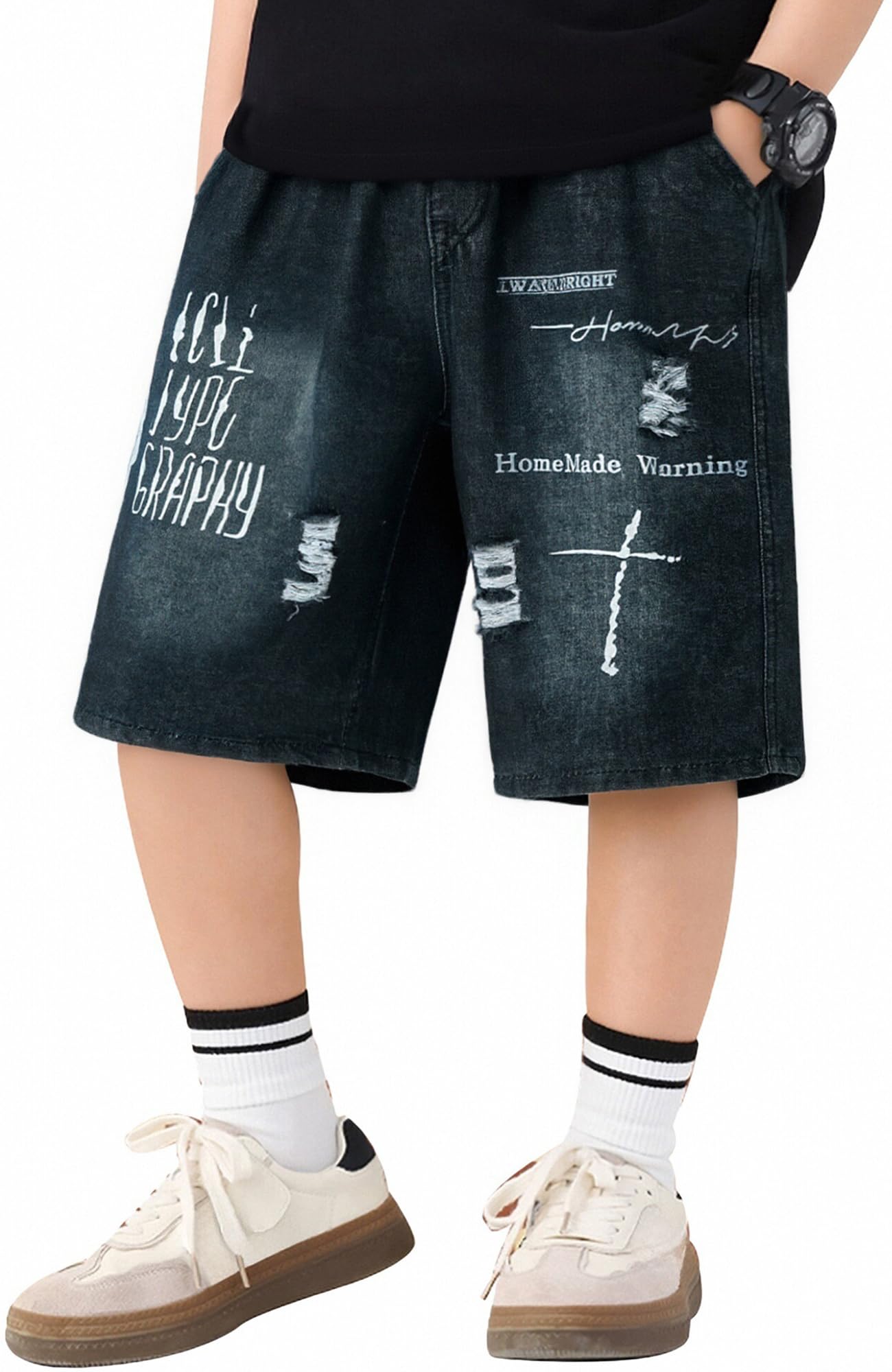 Happy Cherry Shorts Jean Garçon Jorts Enfant Coupe Large Classique Bermuda Baggy Taille Élastique Y2K Streetwear Doux Respirant Skate École 5-15 Ans