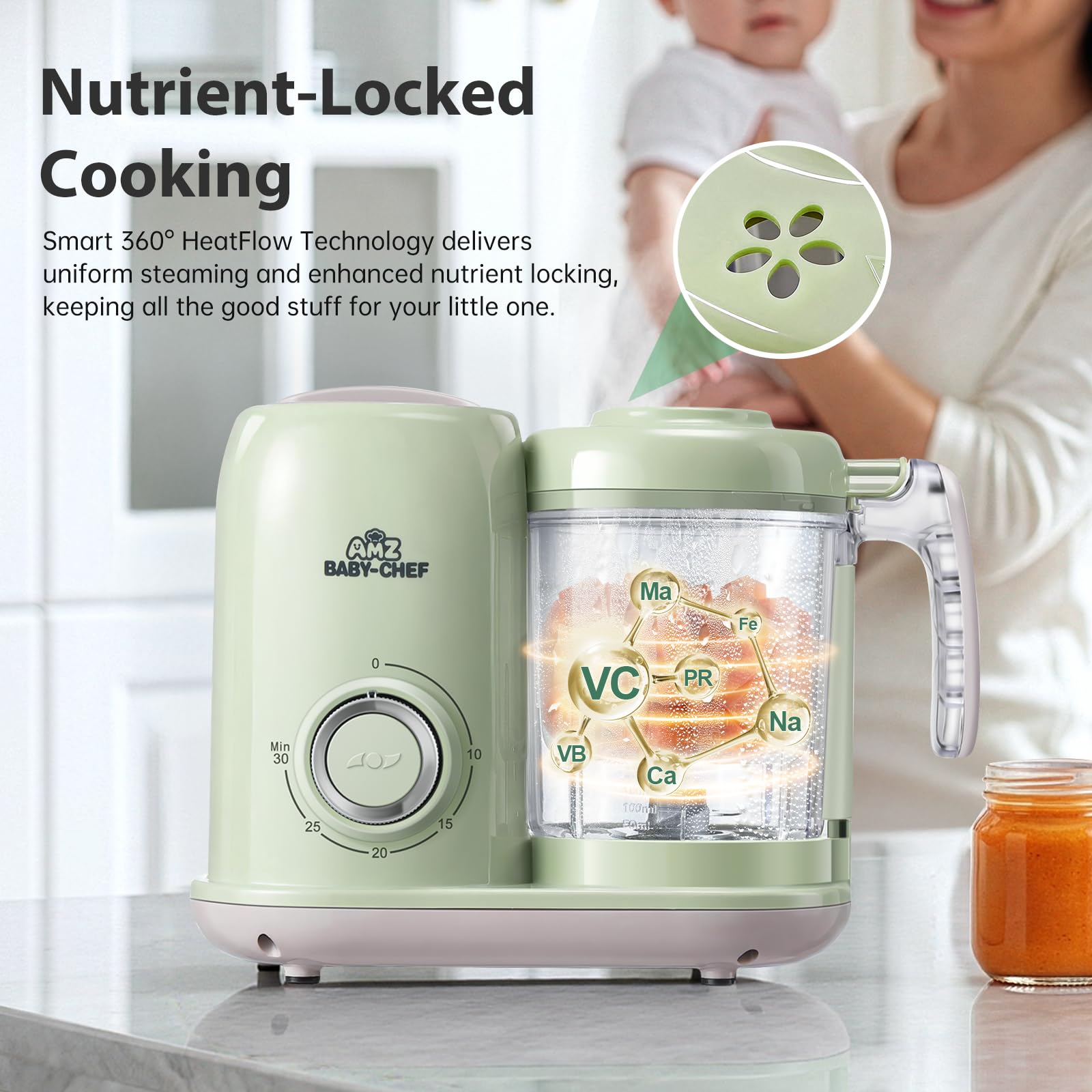 AMZBABYCHEF Máquina de alimentos para bebés, procesador de alimentos para bebés 4 en 1 y vaporizador, licuadora de puré, máquina multifuncional para puré de bebé, apta para lavavajillas (verde)