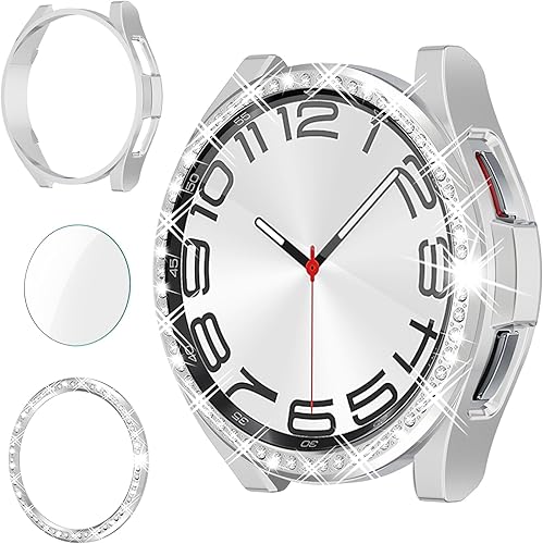 RICHONE Funda brillante 3 en 1 para Galaxy Watch 6 Classic Protector de pantalla de 1.850 in, película protectora de vidrio templado antivaho y