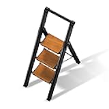 3 Step Ladder,Folding Step Stool with Aluminum Wide Pedal& Convenient Handgrip,330lbs Capacity Steel Ladder for Household and Office(Black &Woodgrain)