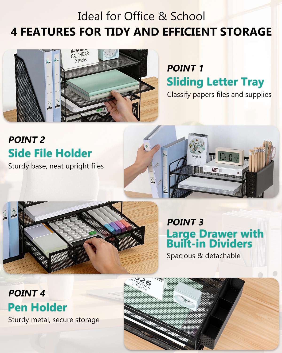 WALI Desk File Organizer, 4 Tier Desktop Paper Letter Tray Organizer with Drawer and 2 Pen Holders, Office Desk Accessories & Workspace Organizers for Office, Home Supplies(DO005DH-2B), 2 Packs, Black view 4