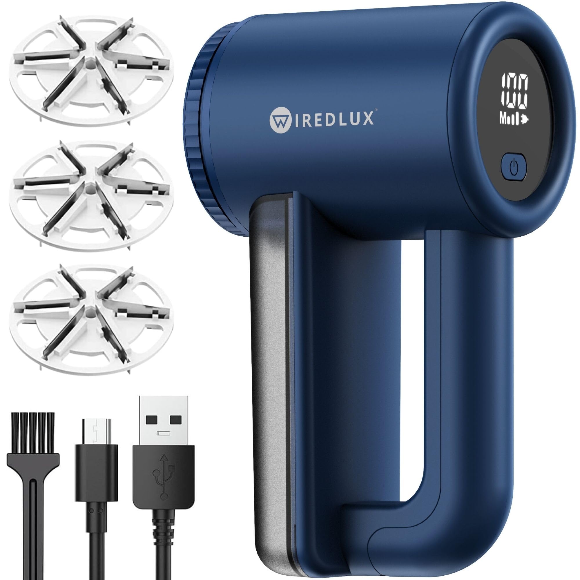 Electric Lint Remover WiredLux - Rechargeable Fabric Shaver Bobble Remover for Clothes & Furniture - Adjustable 3-Speed, 6-Leaf Blade, LED Display, USB Charging - Debobbler with Dual Protection (Blue) — image 1
