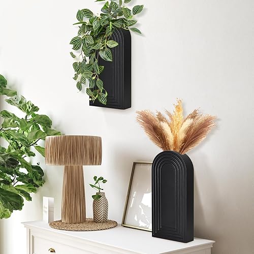 Miniatura 4 de Maceta de pared para plantas de interior, decoración de pared negra para sala de estar, baño, jarrones de pared de madera para flores secas y