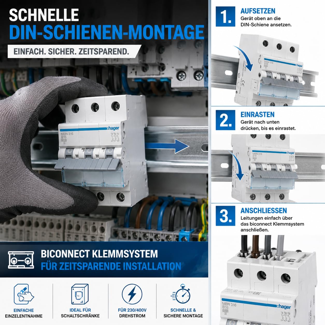 Hager Leitungsschutzschalter MBN316 3-polig B16A 6kA, LS-Schalter mit biconnect Klemmsystem, Sicherungsautomat für Drehstrom 230/400V, DIN-Schiene, 3 Module, Schutzschalter