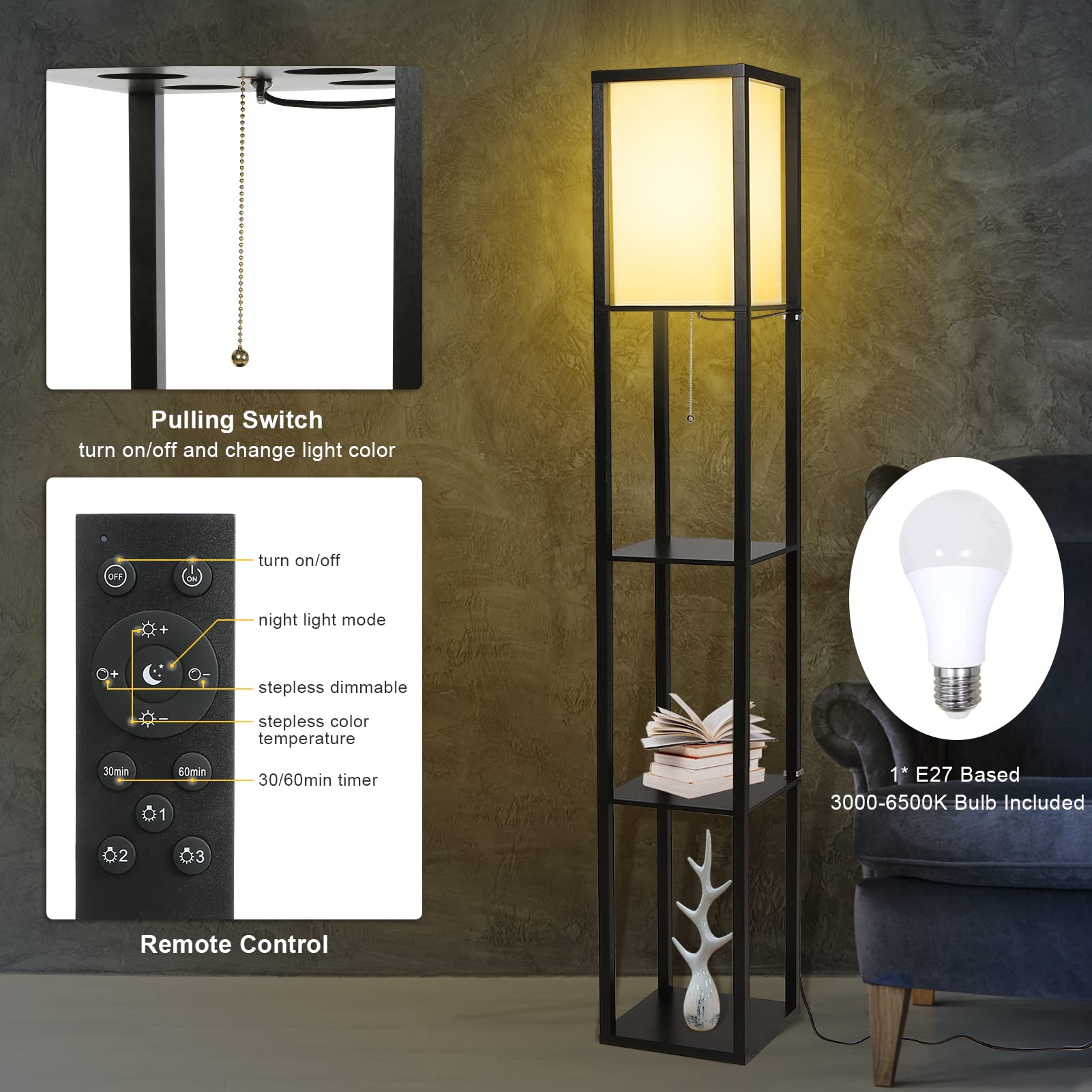 Tomshine Lampe sur Pied Vintage 1,6M avec Étagère & Télécommande – Lumière Dimmable (3000-6500K, E27) pour Salon, Chambre, Bureau – Noir