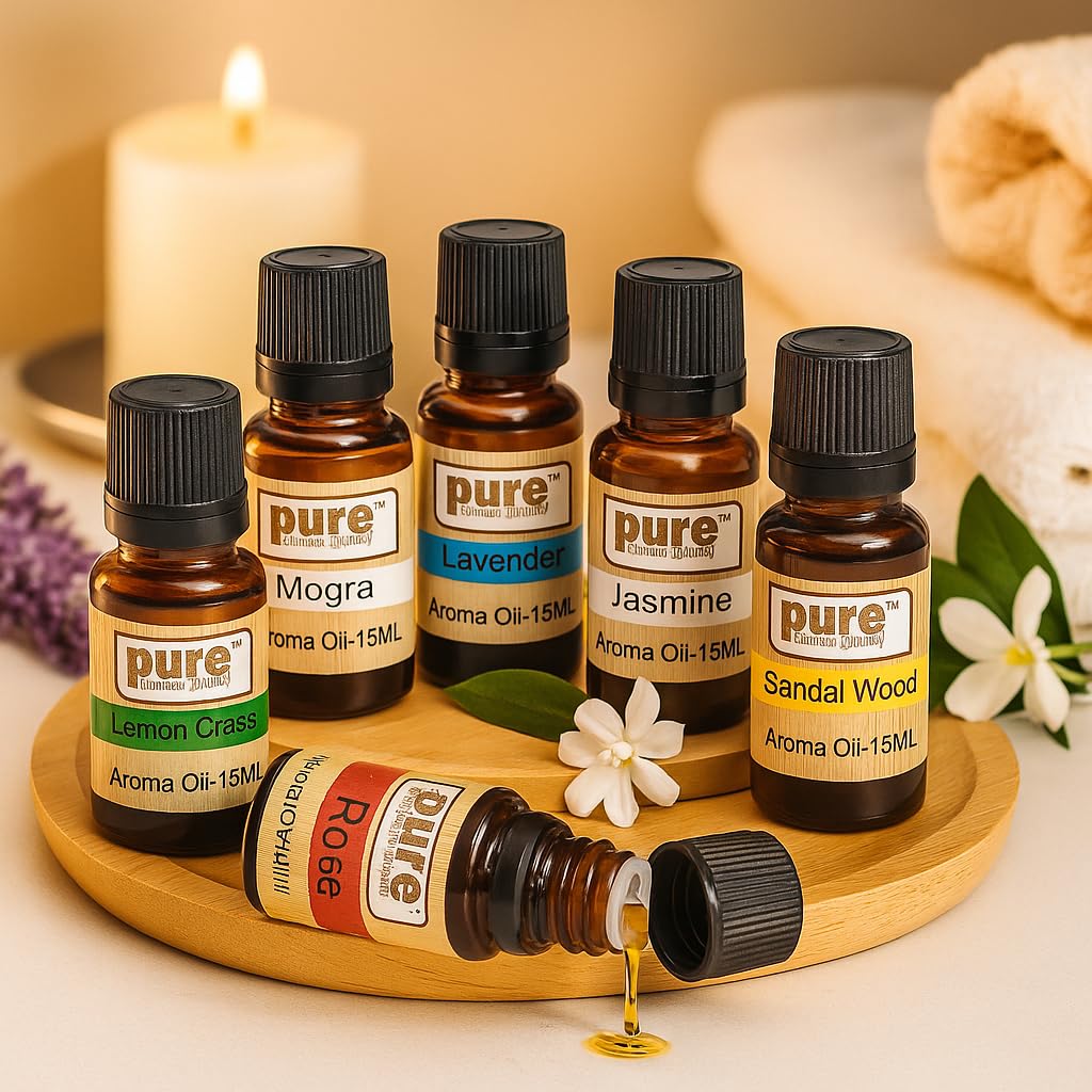 Pure Source India Aroma Diffuser Oil Set of 6 (Lavender, Lemongrass, Rose, Jasmine, Sandalwood, Mogra 15ml Each) | Pure Aroma Fragrance Oils for Home, Office Hotel, Resort and Spa