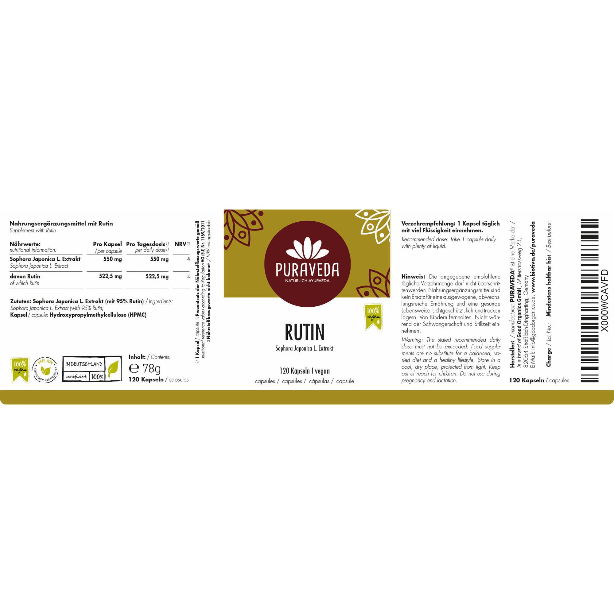 Rutine fortement dosée 120 Gélules - 95% de rutine - 550mg de Sophora japonica L.- Arbre à miel - Forte dose - Végan - Fabriqué et contrôlé en Allemagne - Puraveda