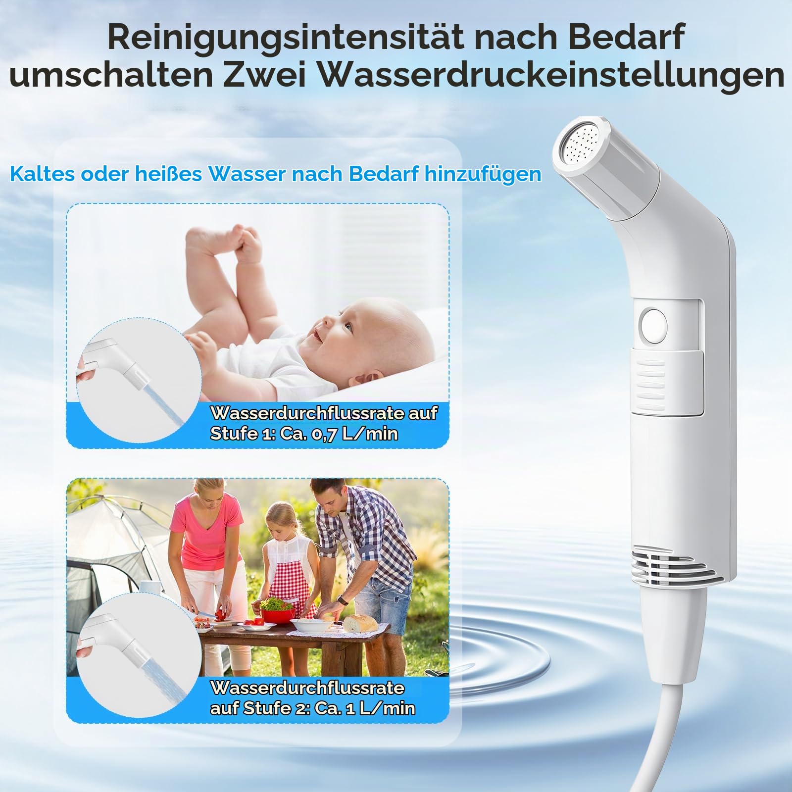 Elektrisches Reise Bidet 2.3L, Electric Bidet Mobiles Portable Bidet mit 1.2M Schlauch, Tragbar für Toilette Camping Outdoor, Muslimische Dusche Perinealflasche 2 Modi, Weiß
