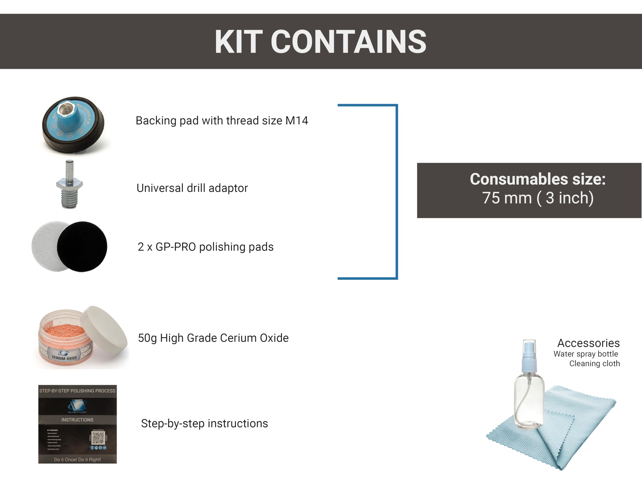 GLASS POLISH Kit fai da te per la lucidatura dei vetri dell'auto, 75 mm, per rimuovere danni alle spazzole del tergicristallo, graffi sottili, nebbiosi e macchie d'acqua, ripristina la trasparenza e