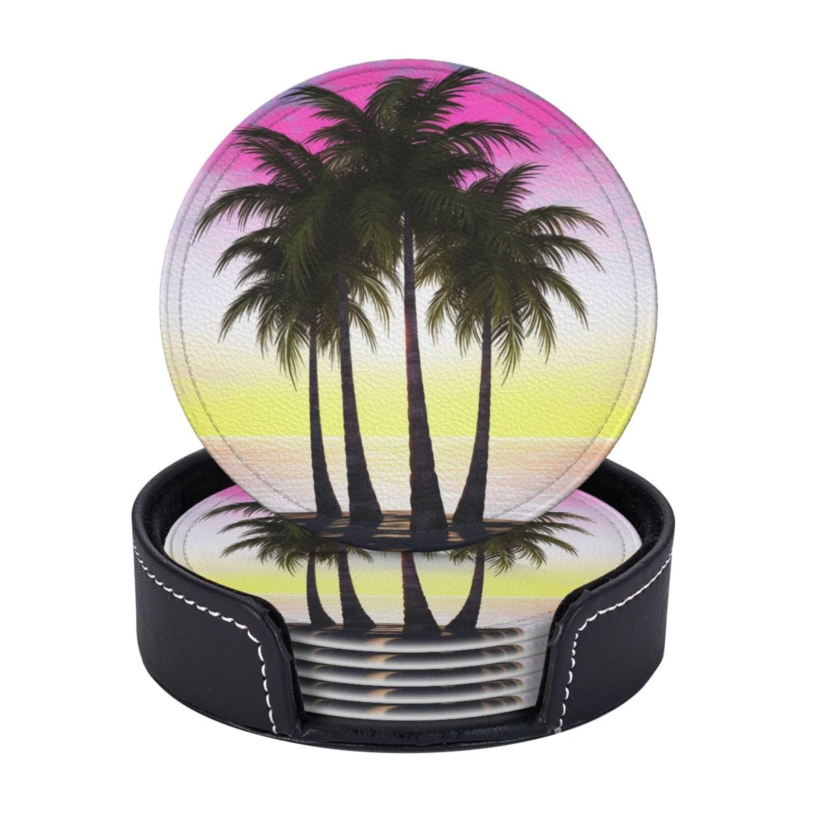 Round Coasters for Drinks Set of 6 - PU Leather Coasters with Holder - Modern Drink Coasters for Coffee Table - Tropical Palm Tree Coaster for Tabletop Protection 4" Cup Mat Pad