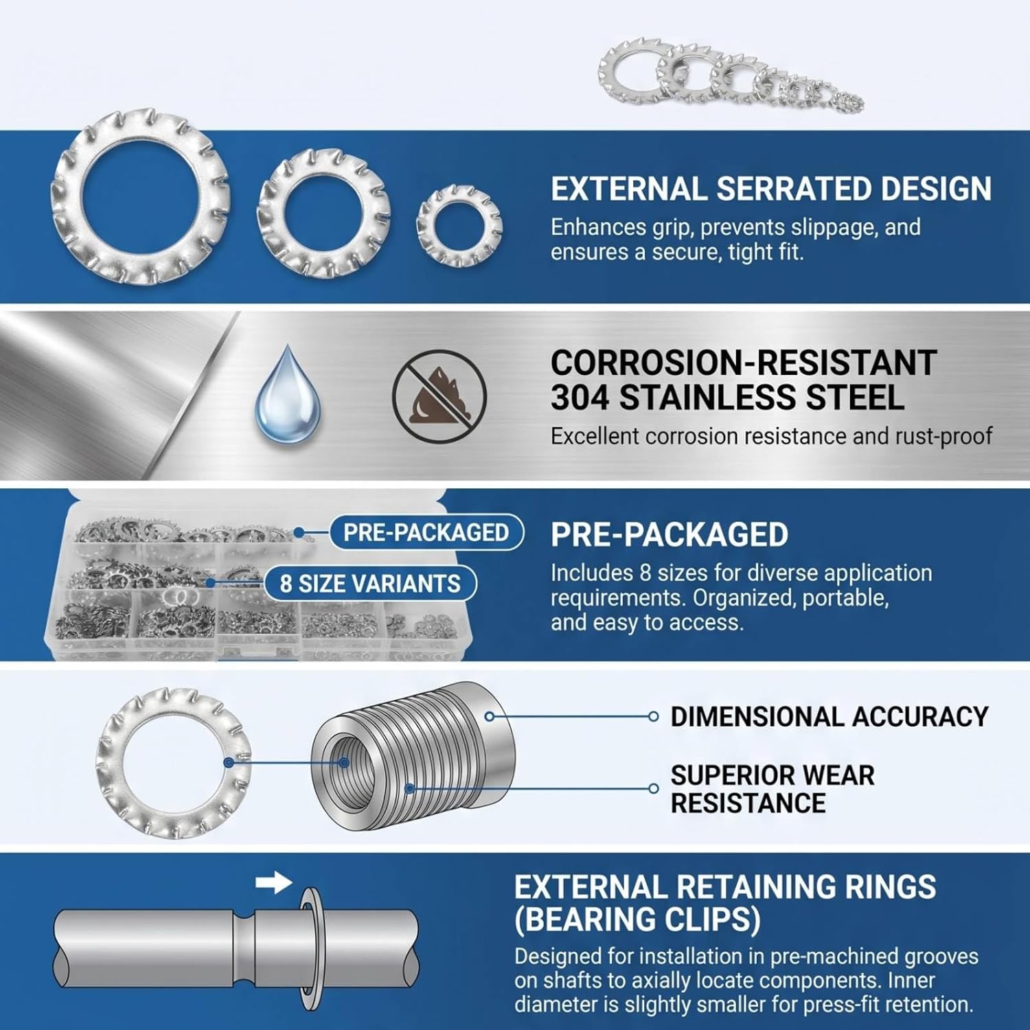 YWBL-WH 300Pcs Serrated Lock Washer 304 Stainless Steel Anti-Loose External Serrated Gasket Assortment Set, Gasket Retaining Ring