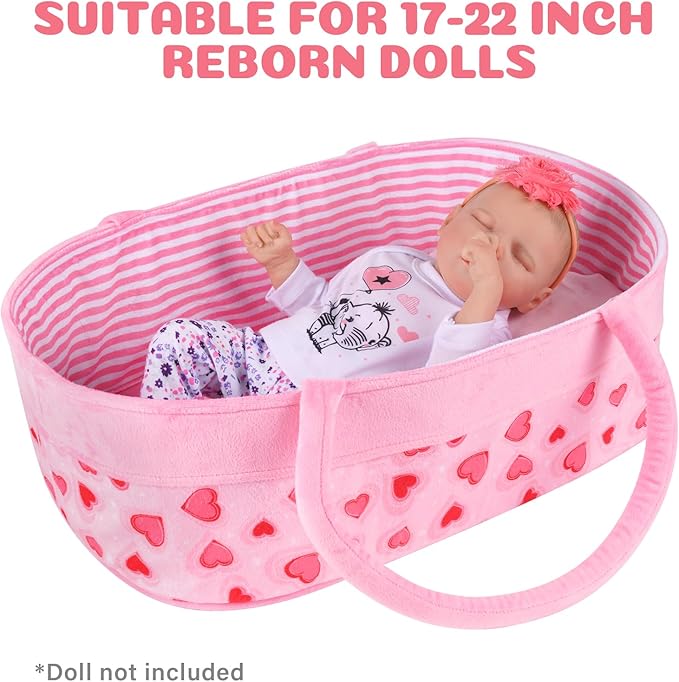 BABESIDE Reborn Baby Doll Bassinet for 17-22 inch Dolls Foldable Baby Doll Crib Bed Soft Doll Carrier Doll Accessories with Handle for Newborn Baby Dolls Girls (Pink-Love)