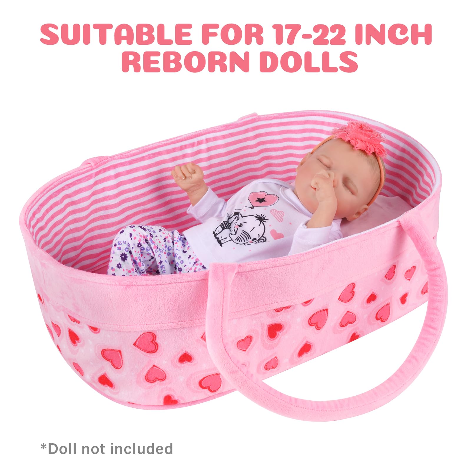 BABESIDE Reborn Baby Doll Bassinet for 17-22 inch Dolls Foldable Baby Doll Crib Bed Soft Doll Carrier Doll Accessories with Handle for Newborn Baby Dolls Girls (Pink-Love)