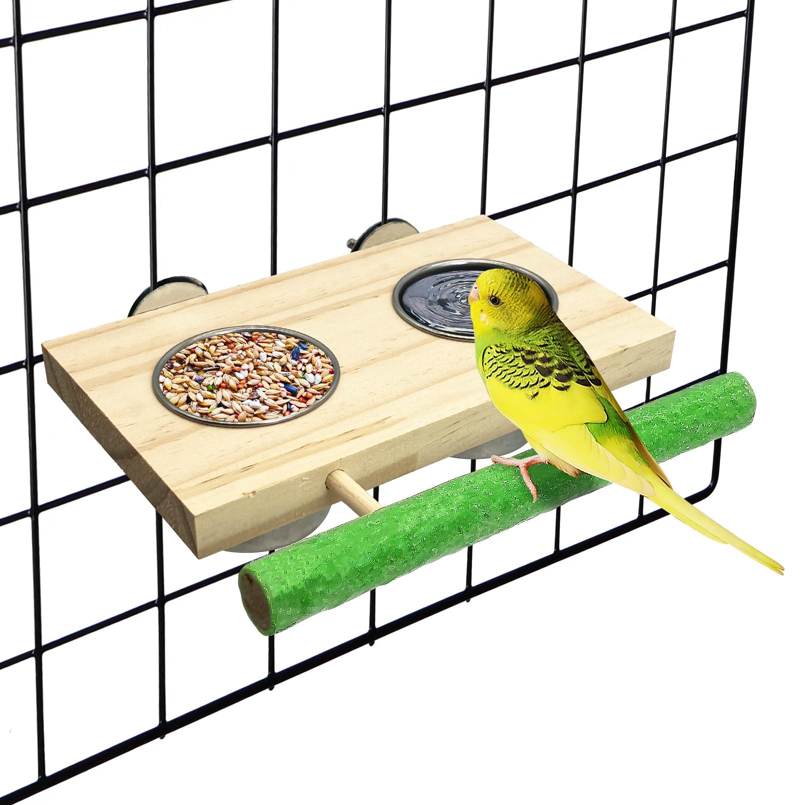 Tfwadmx Bird Feeding Dish Cups with Wooden Platform Hanging Stainless Steel Parrot Cage Feeder Bowl Wood Perch Stand for Parakeet Cockatiels Lovebirds Budgie (Medium)