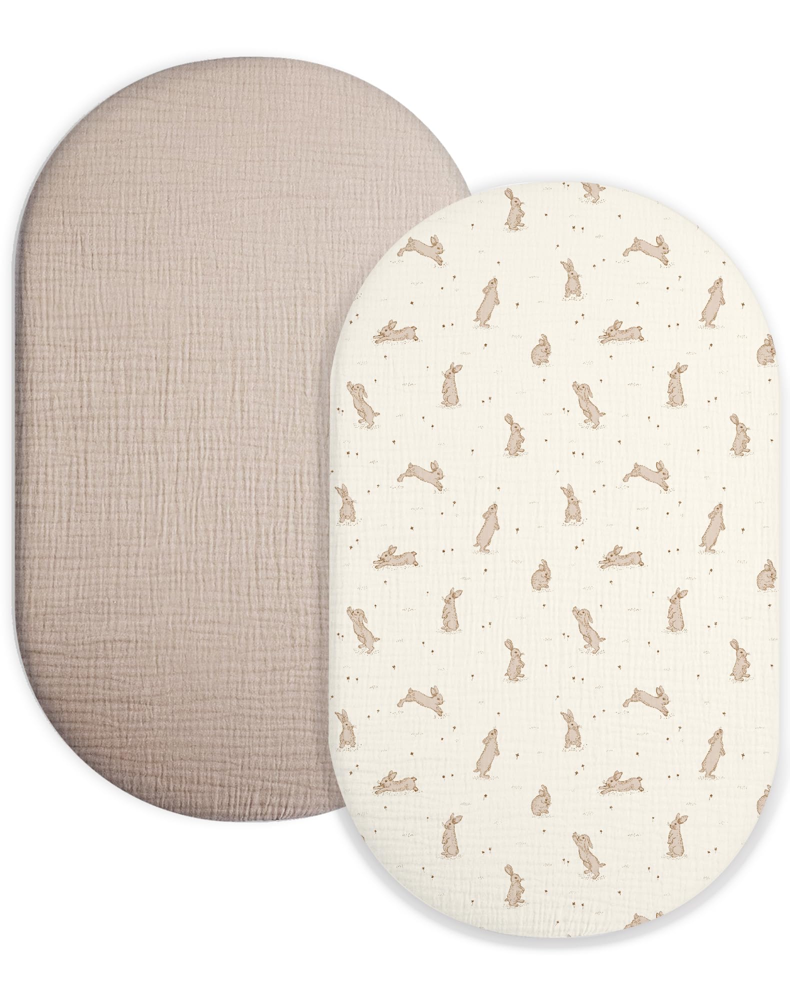 Muslin Bassinet Sheets 2 Pack, 33" x 17", (Hopping Bunnies &amp; Beige)