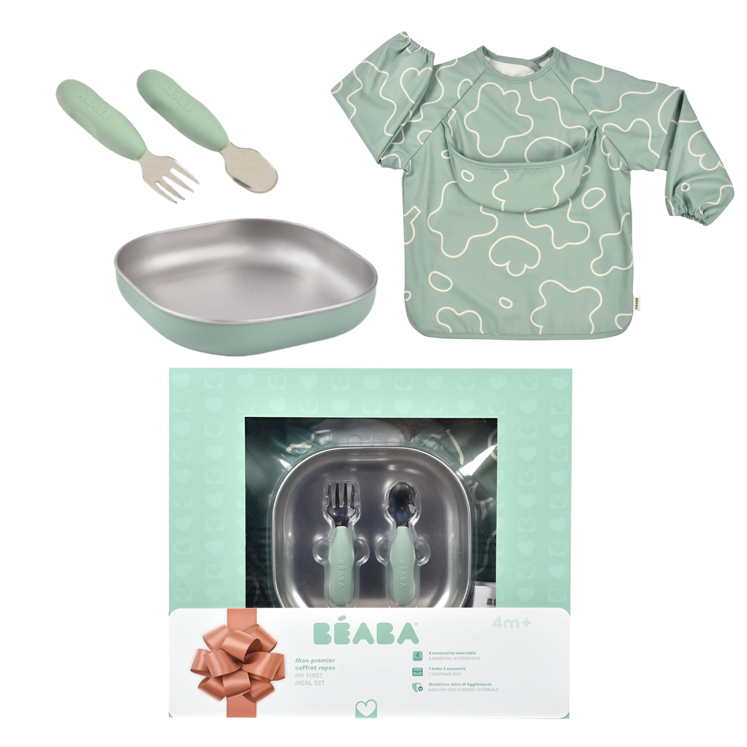 Baby Meal Set – Complete Newborn Gift Set from 4 Months – Microwave-Safe Stainless Steel Plate, Ergonomic Cutlery, Sleeve Bib, Keepsake Box – Healthy and Sustainable Materials, Sage Green