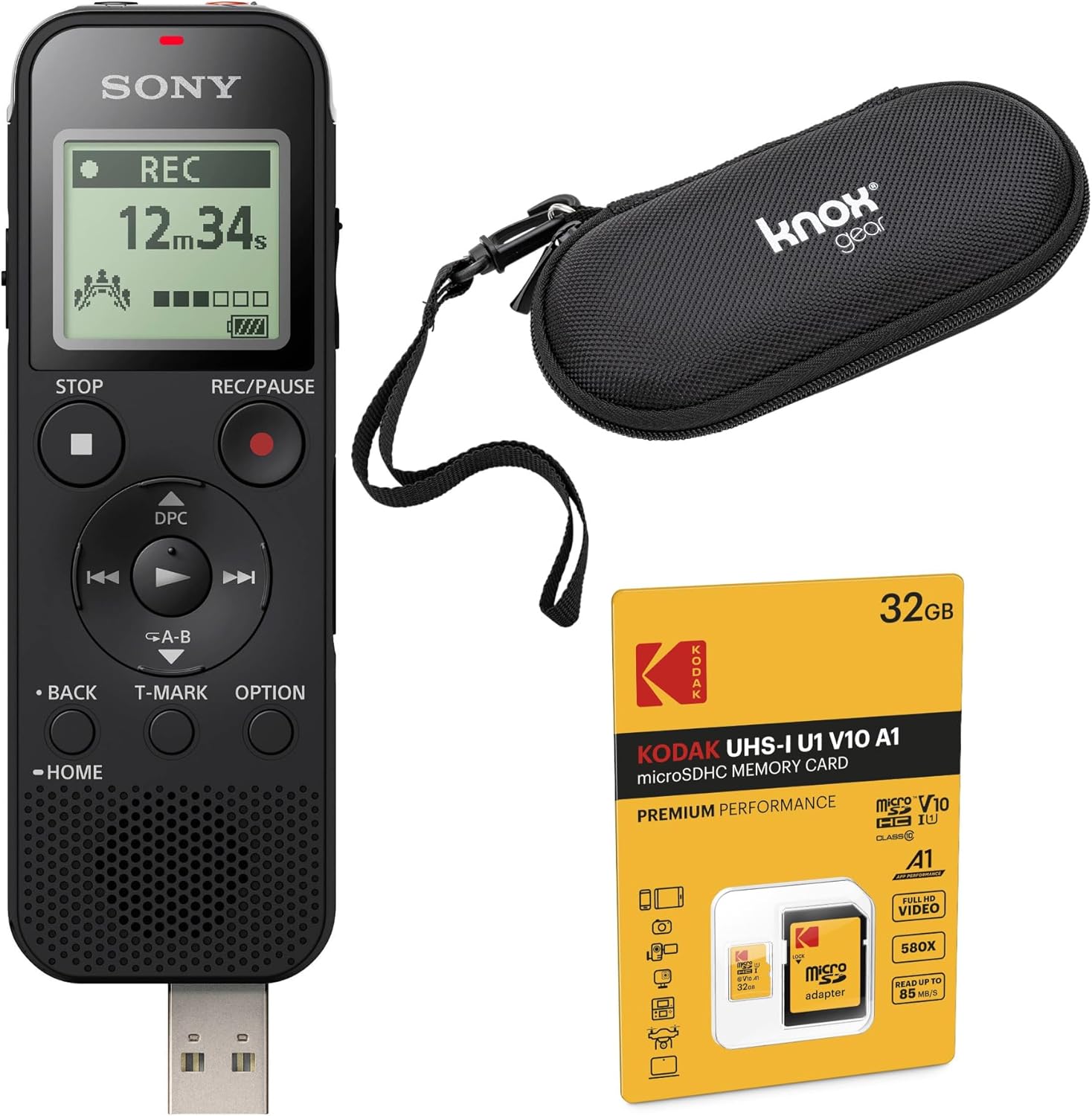 Sony ICD-PX470 Stereo Digital Voice Recorder with Built-in USB Bundle with 32GB microSD and Hard Carrying Case (3 Items)