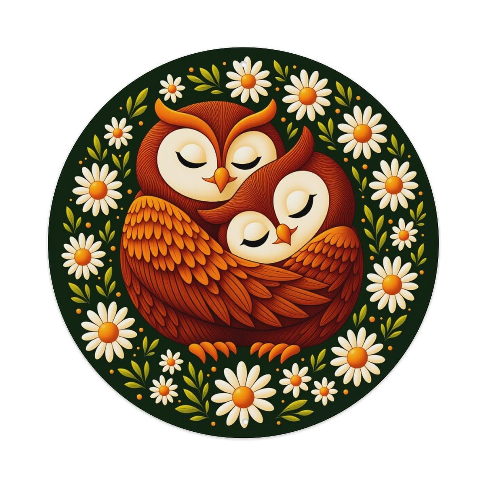Wmlzdnwr Vintage Owl Pair Nestled Flowers Daisy Pattern Art Round Tin Sign,Retro Wall Art,Metal Poster For Home, Bar, Garage, Cafe, Rustic Indoor & Outdoor Decor, 8X8 Inches