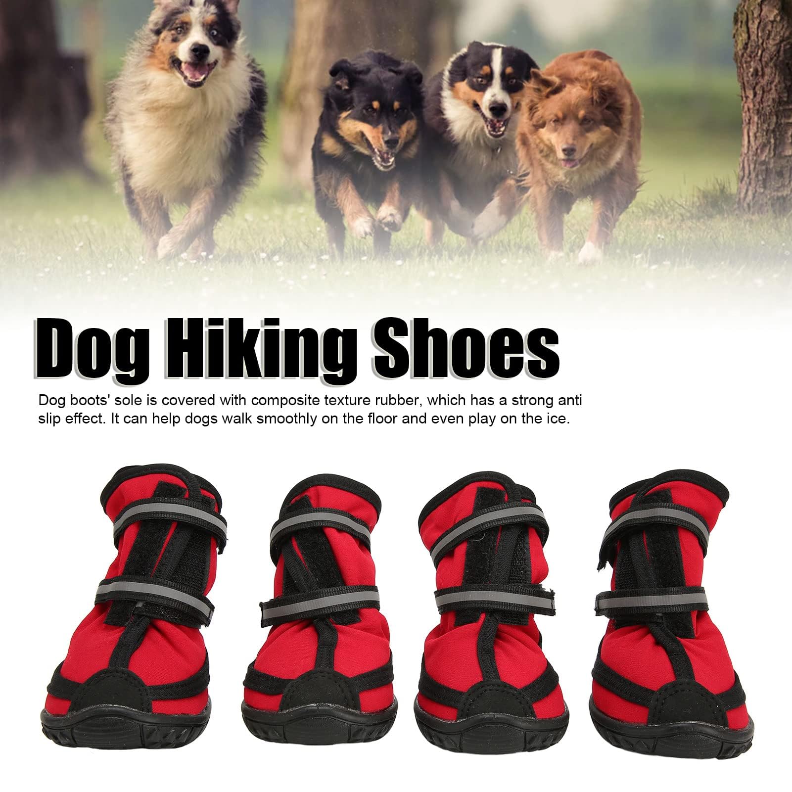 Pssopp Wanderschuhe für Hunde, 4 Stück, Verbundstruktur, Gummi, rutschfeste Stiefelsohle, Hundestiefel für Spaziergänge im Freien (Größe XL, Rot)
