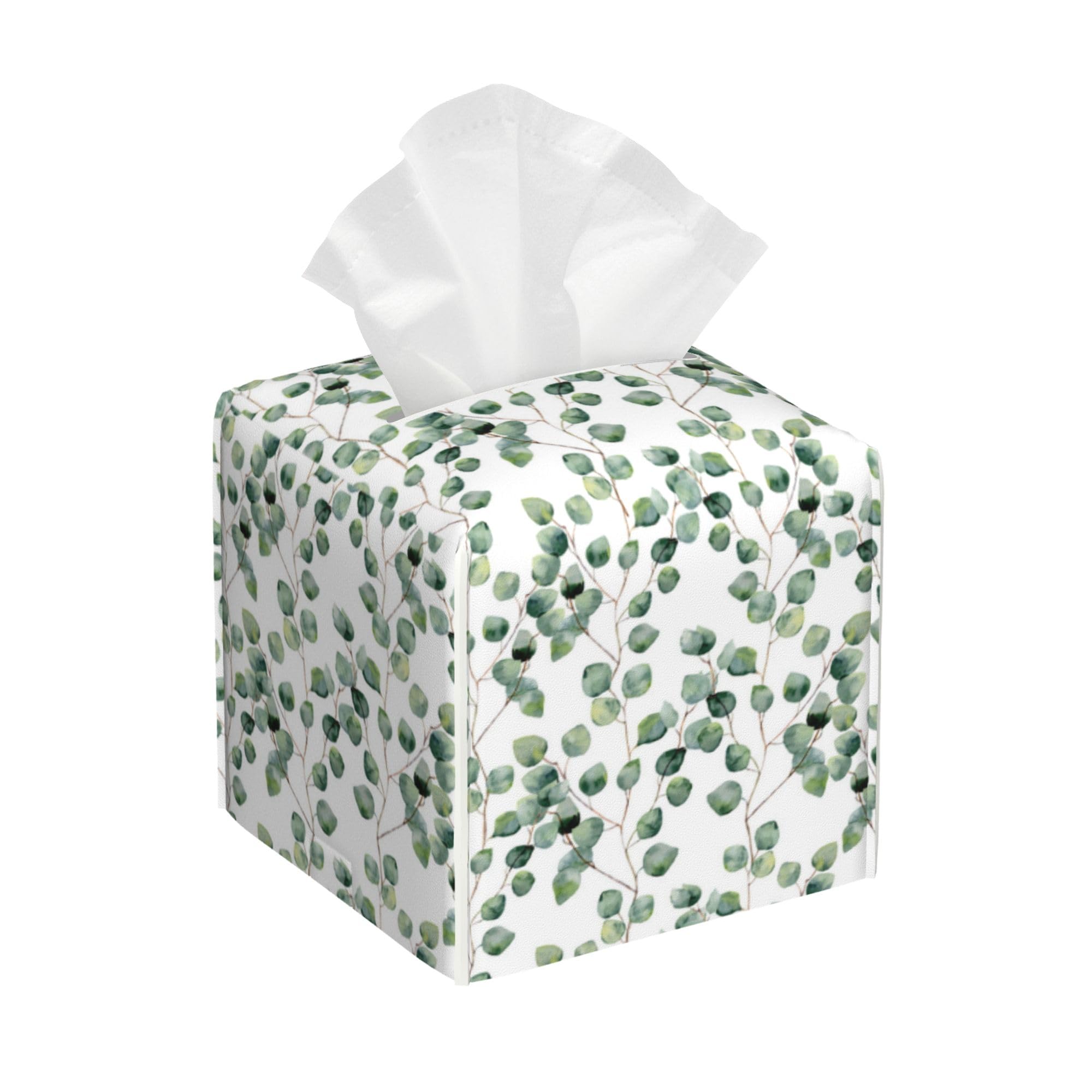 POIUBLE Leather Tissue Box Holder Green Eucalyptus Leaves Tissue Box Cover Square Waterproof Tissue Holder Organizer Modern Napkin Holder for Bedroom