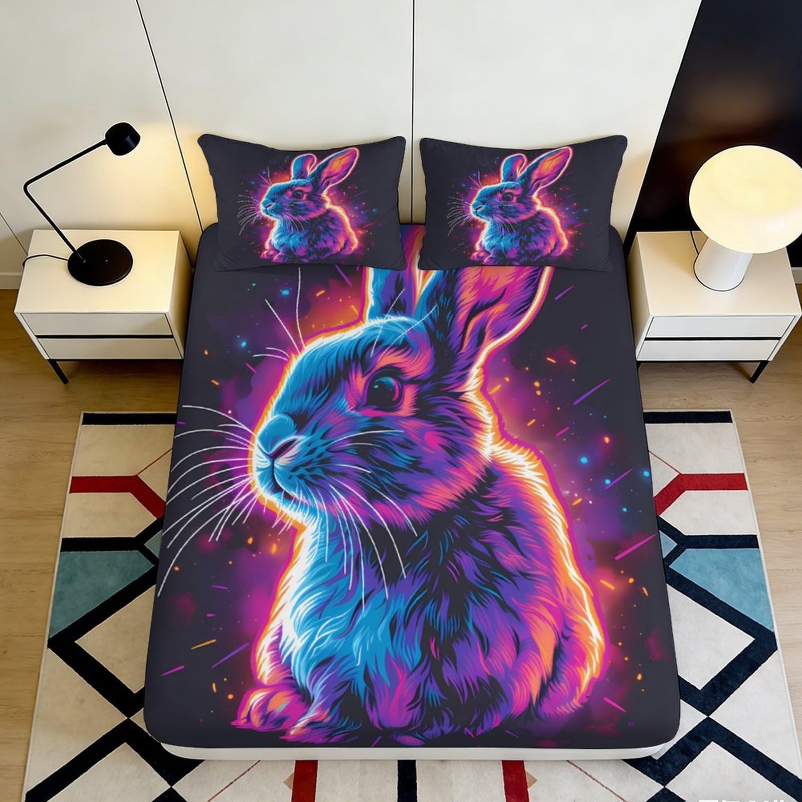 3D Printed Neon Rabbit Fitted Sheet Microfiber Deep Pocket Bedding Set Soft Non-Slip Full Wrap Rabbit Mattress Fitted Cover 140x200x25cm