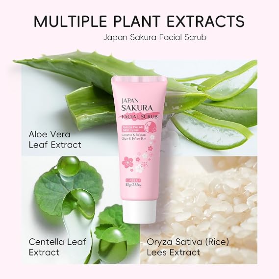 Facial Scrub for Women Gently Exfoliating Refining Pores, JAPAN SAKURA Face Exfoliator Scrub Cleanser Remove Dead Skin & Blackheads Face Wash Glow Moisturizes, Smooths, Softens (80g/2.82oz.)