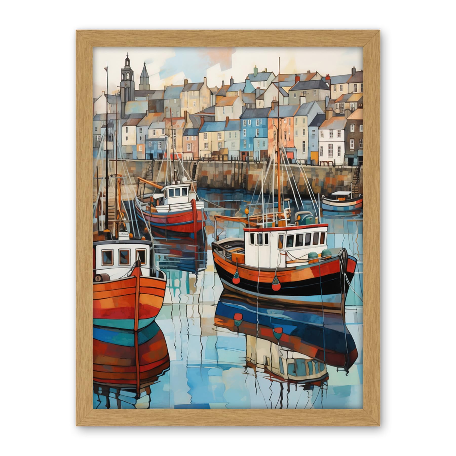 Artery8 Newlyn Harbour Trawler Boats Promenade Watercolour Painting Cornwall Coastal Townscape Artwork Framed Wall Art Print 18X24 Inch