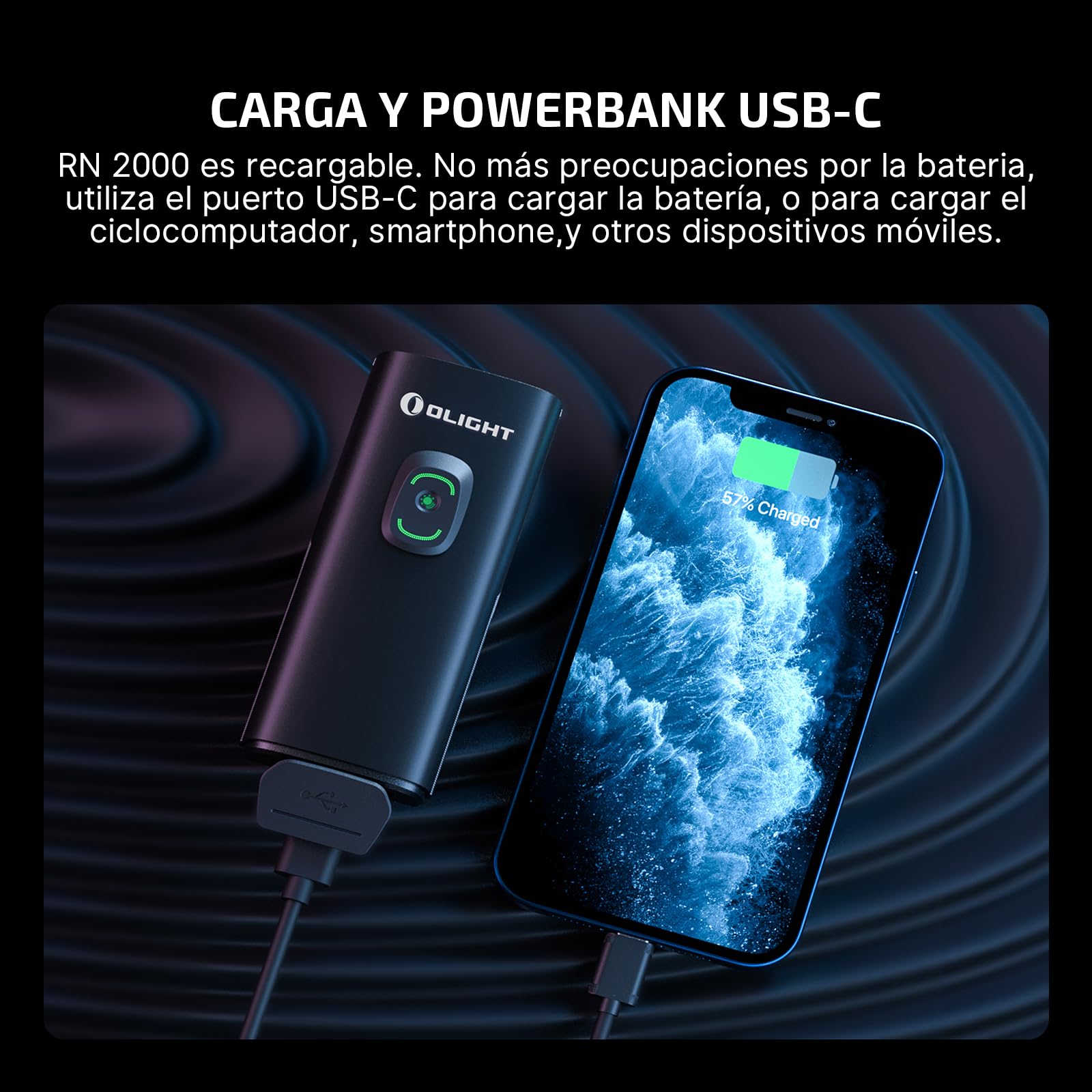 OLIGHT RN 2000 Faro de Bicicleta con Control Remoto Inalámbrico 2000 lúmenes 170 Metros IPX6 Luz del Casco Tipo C Sensor de Choque Carga/Descarga Negro