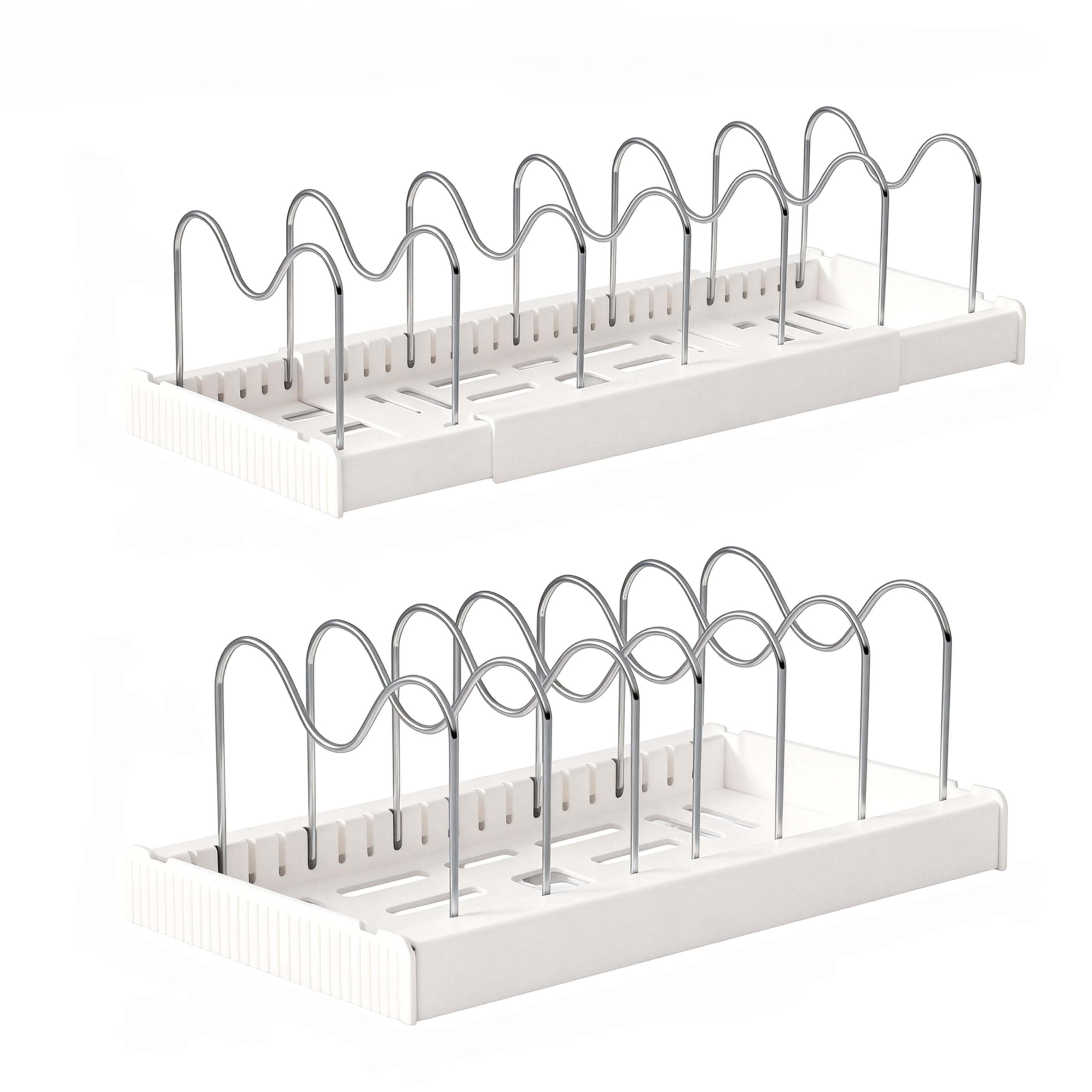 Expandable Pan Organizer for Cabinet, Pots lid and Pans Holder Rack with 7 Adjustable Dividers,Compartment for Kitchen Cookware Baking Frying Rack,Fully Expanded Size 57cm Lx20cm Wx15cm H,White(2pcs)