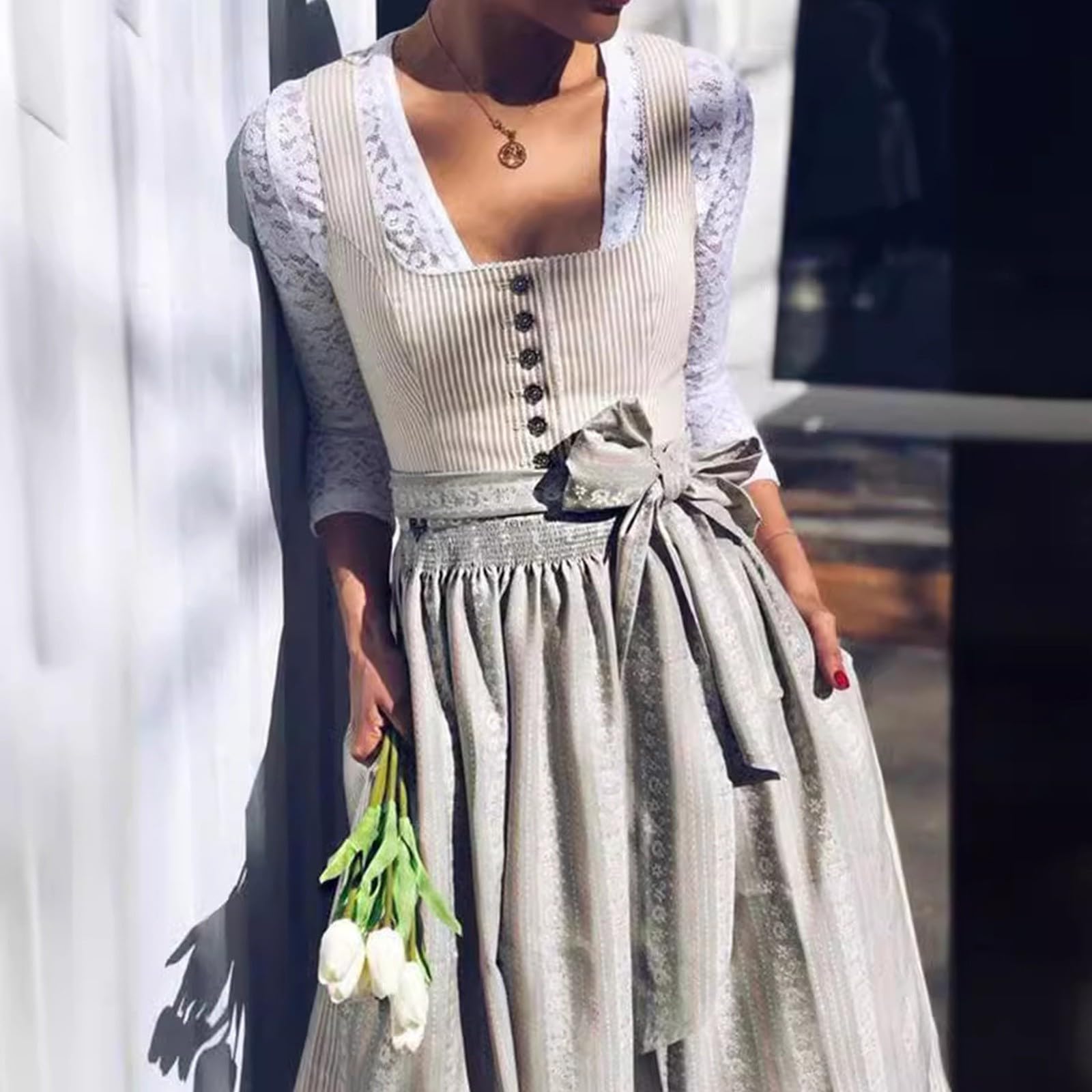 Dirndl Damen Midi Trachtenkleid - Trachtenkleid Trachtenrock Schlicht Outfit Trachtenmode Trachten Damen mit 2 Teilig Dirndl Schürze Oktoberfest Dresses Dirndlkleid