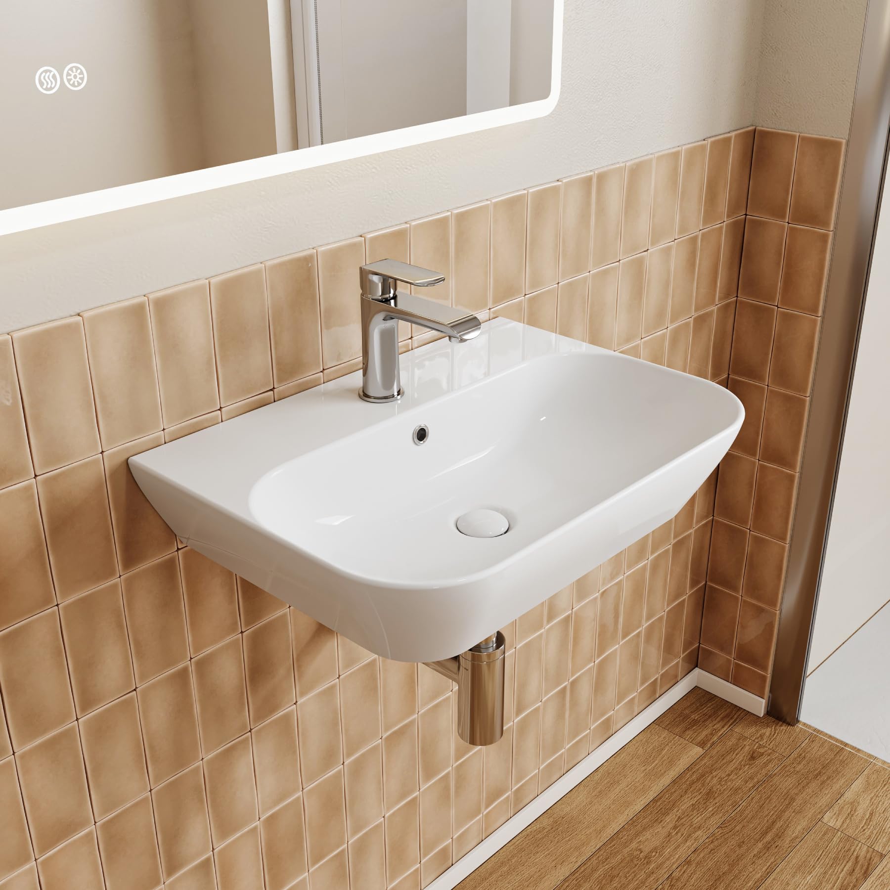 HOROW Waschbecken Bad Weiß für Kleines Bad & Gäste-WC Aufhängung 28 cm | Hängewaschbecken 56×40 cm Aufsatzwaschbecken Keramik mit Überlauf und Hahnloch 28 cm Lochabstand ohne zusätzliches Bohren