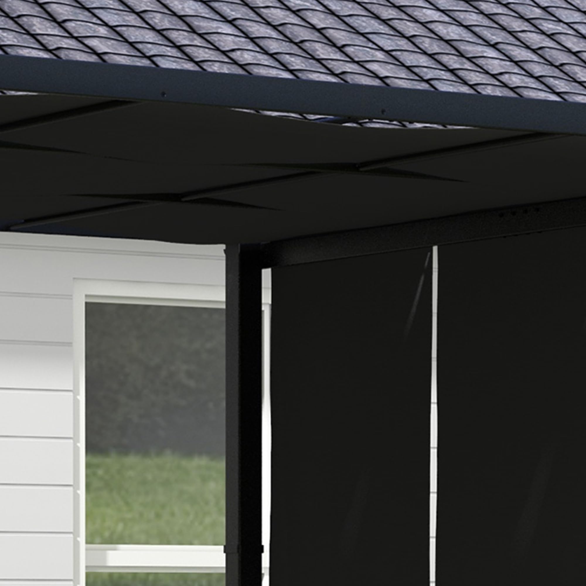 Outsunny Pergola avec 3 Toiles Coulissantes 3 x 3 x 2,38 m, Structure Acier Noir, Toile Polyester Haute Densité Gris Foncé