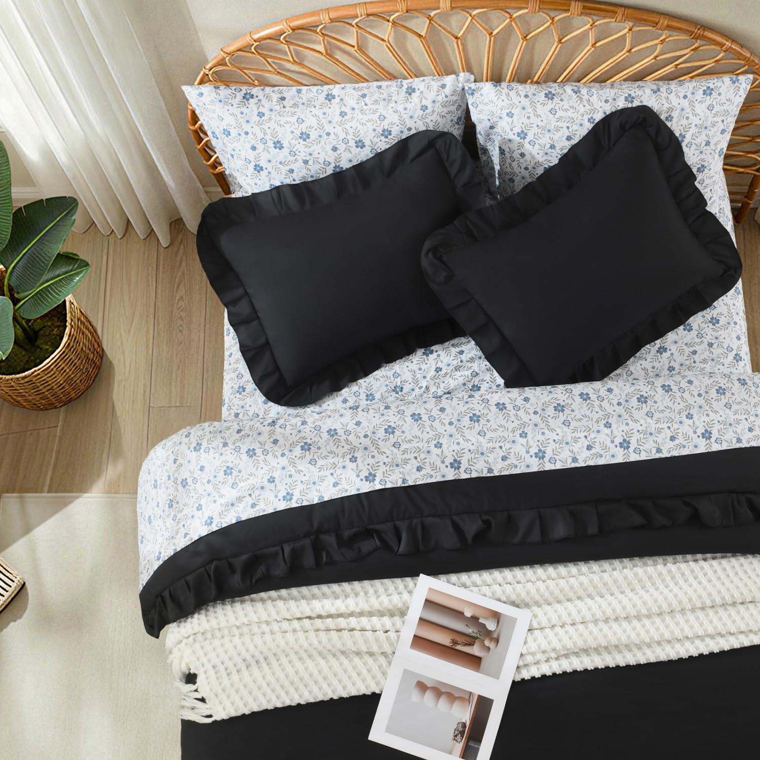 Litanika Black Ruffled Comforter Set - Floral Sheets -4