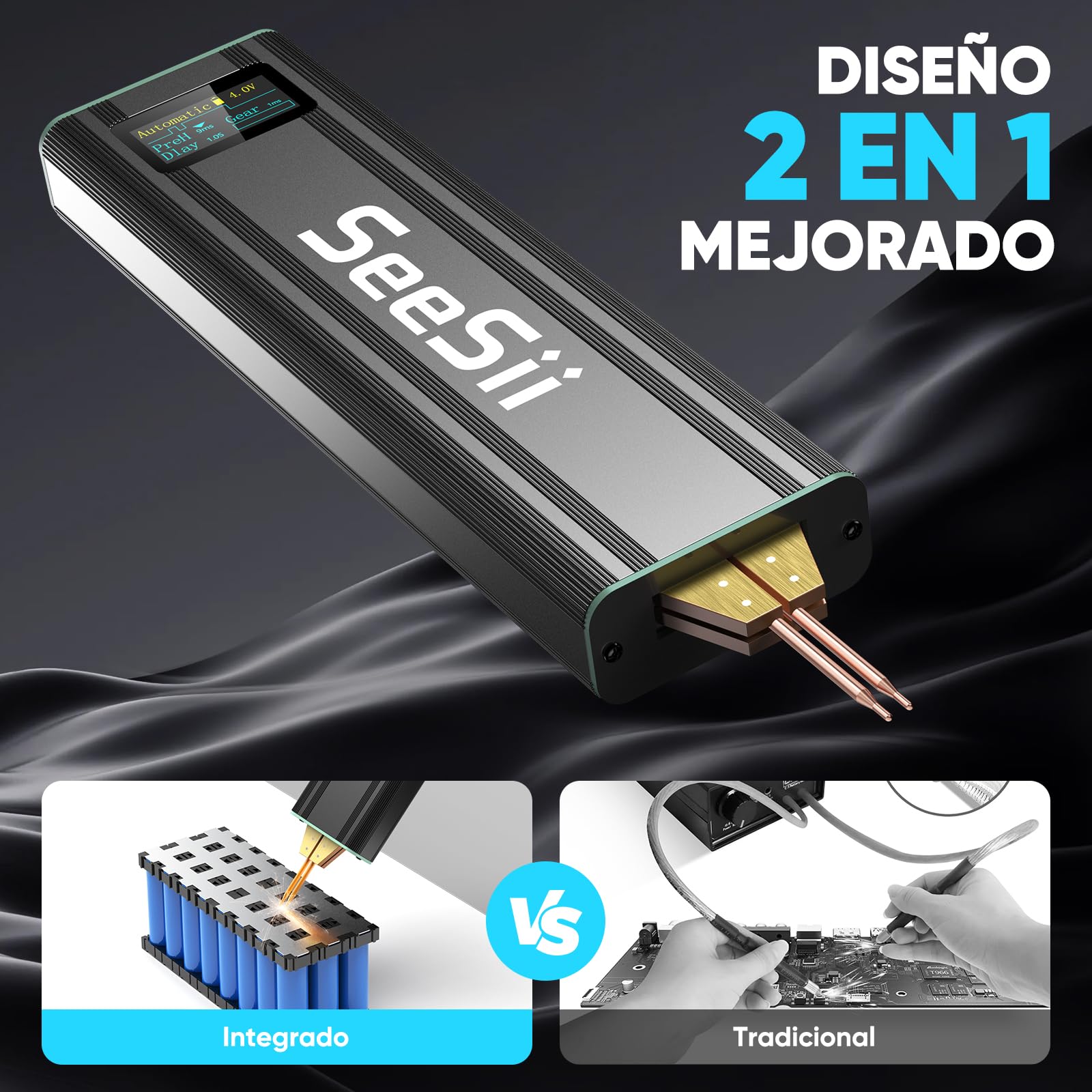 SEESII Mini Soldador por Puntos - SE-209 Soldador de Puntocon con Batería 5,0 Ah 1-80 Niveles para 0,1-0,2 mm Hojas de Níquel, Hierro, Acero Inoxidable, Modo Automático y Manual