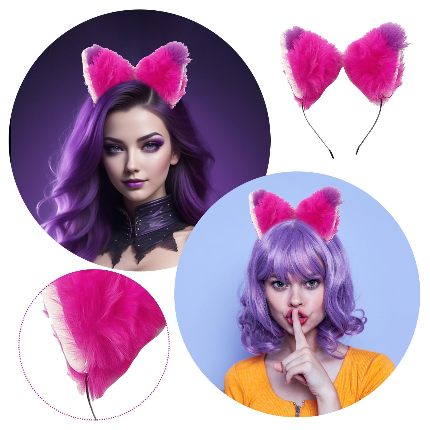 Nereds 2pcs Pink and Purple Striped Cat Costume Cat Ears Hair Headband Furry Tail for Adults Cosplay Party Accessories Supplies - Image 4