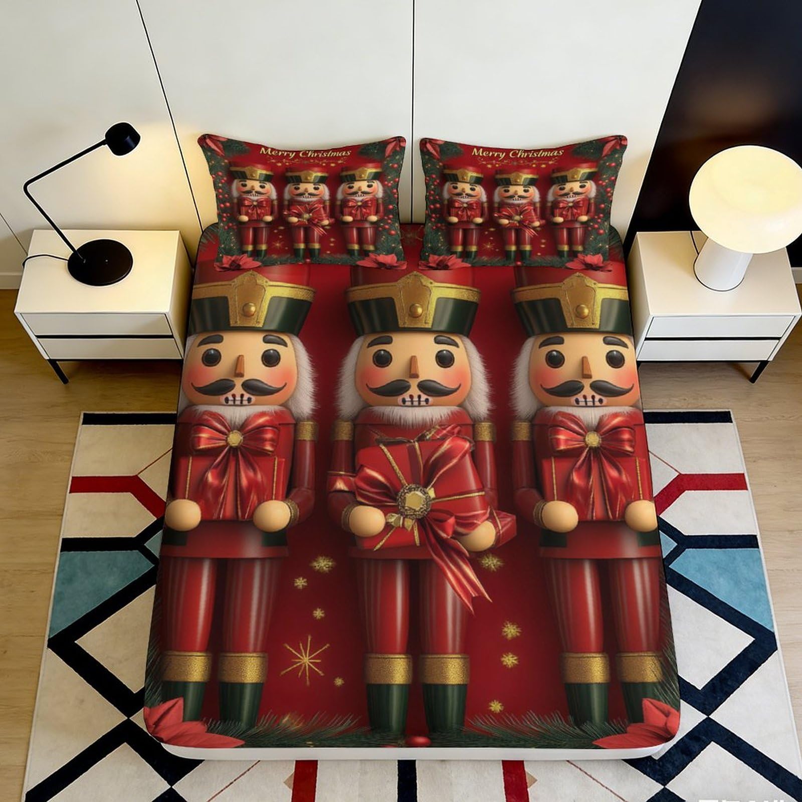 3D Printed Christmas Nutcracker Fitted Sheet Microfiber Soft Breathable Holiday Bed Cover for Bedroom Dormitory Guest Room Mattress Protection 140x200x25cm