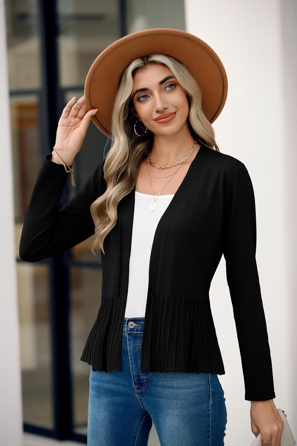 Bettysays Women's Casual Open Front Lightweight Cropped Cardigans Long Sleeve Sweater Soft Draped Peplum Knit Outwear - Image 5