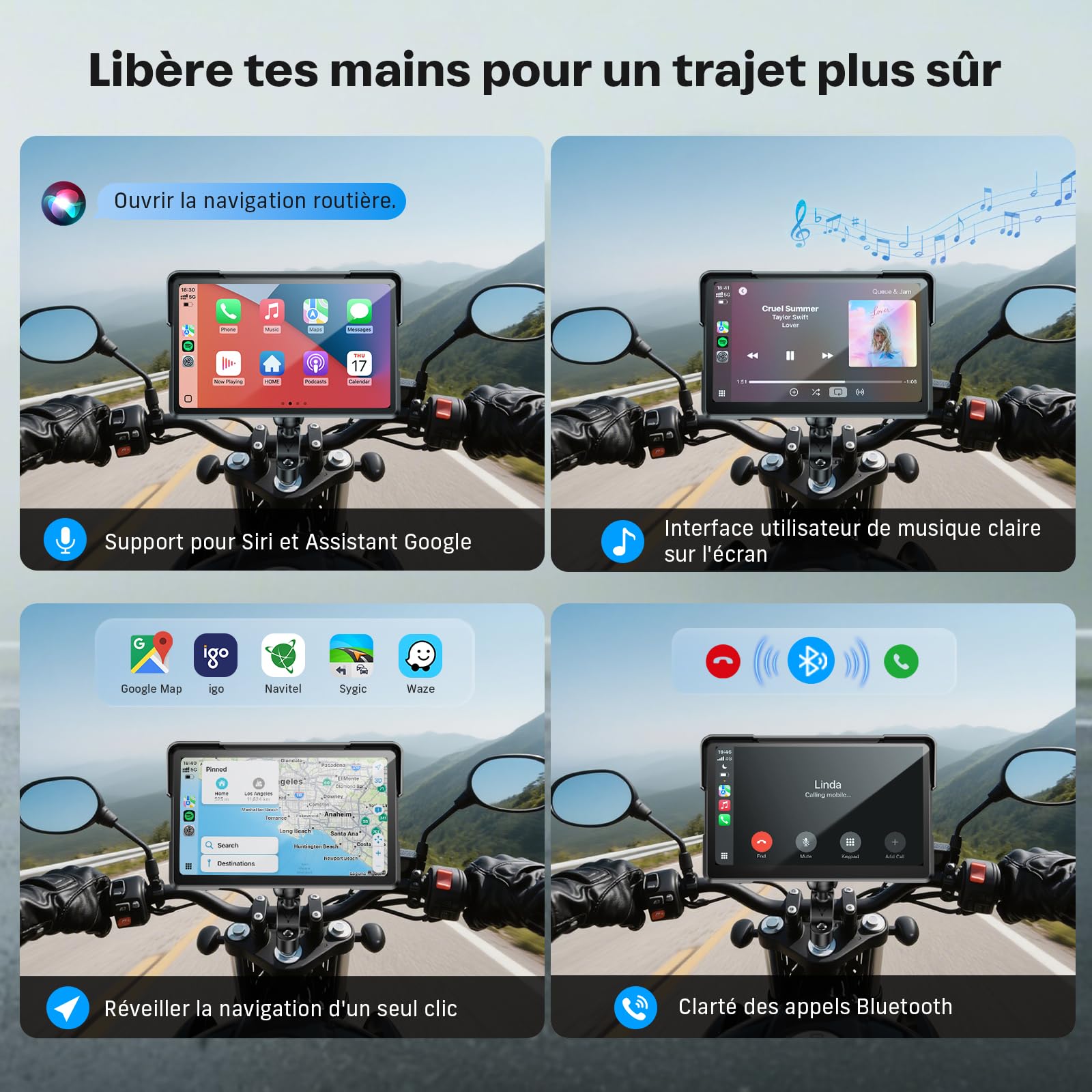 WonVon CarPlay 7 Pouces Système de Navigation GPS pour Moto avec Apple CarPlay et Android Auto écran Portable avec Double Bluetooth, Navigation, Siri, Google Assistant Support magnétique