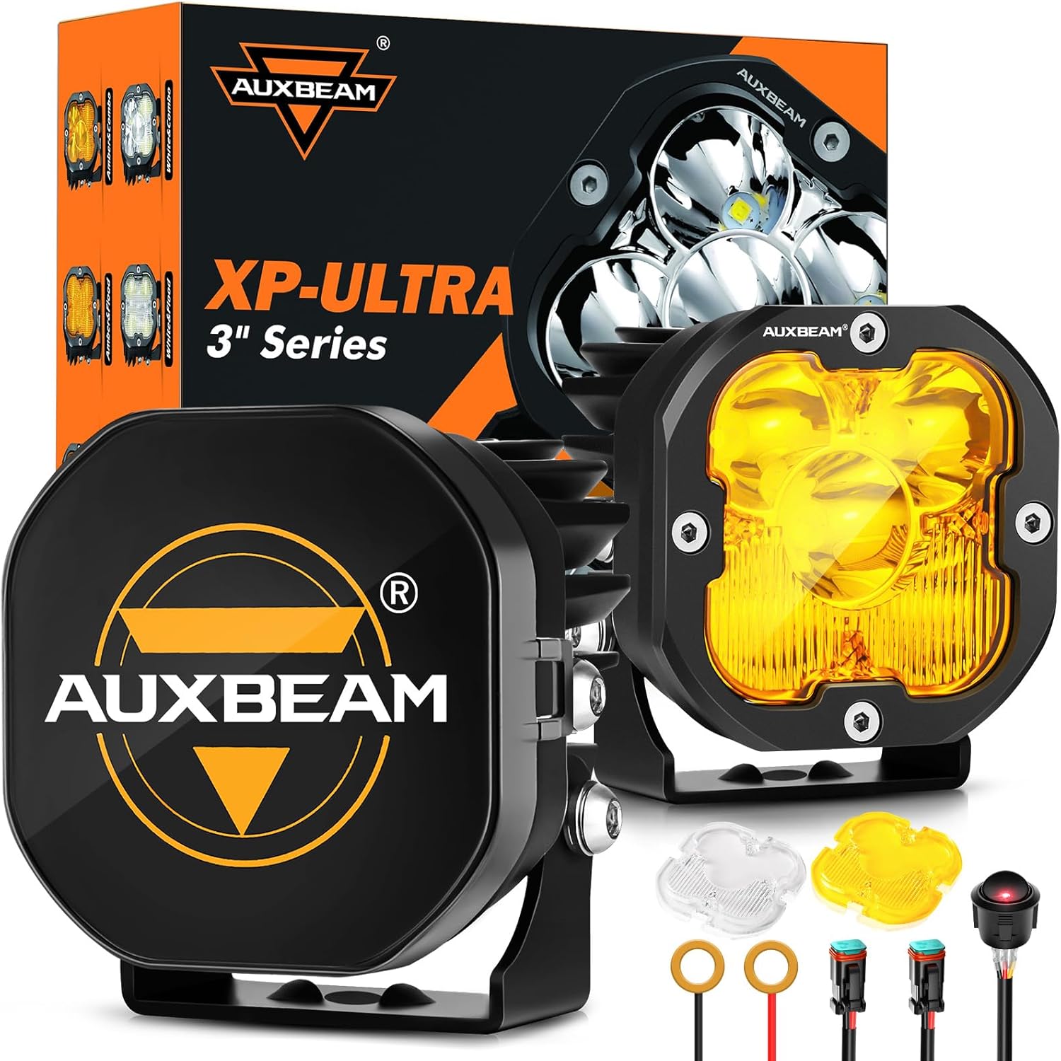Auxbeam XP-Ultra Series 3" 80W LED Pods with Protective Light Covers Bundle Amber White Fog Ditch Lights Spot Flood Combo Beam Offroad LED Cubes for Trucks Car Jeep Motorcycle