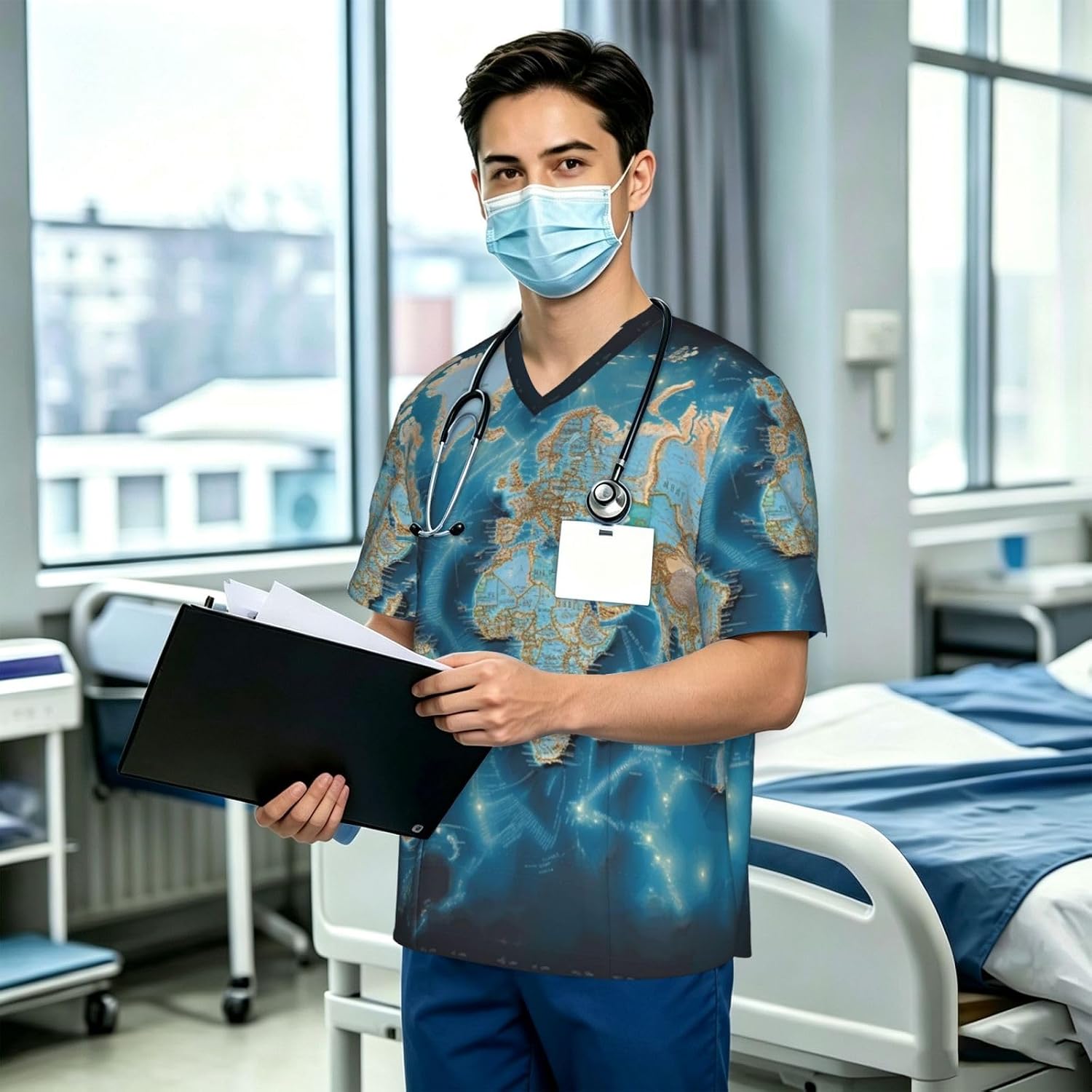 Professional Scrub Tops for Men, Classic V-Neck Workwear with 3 Pockets